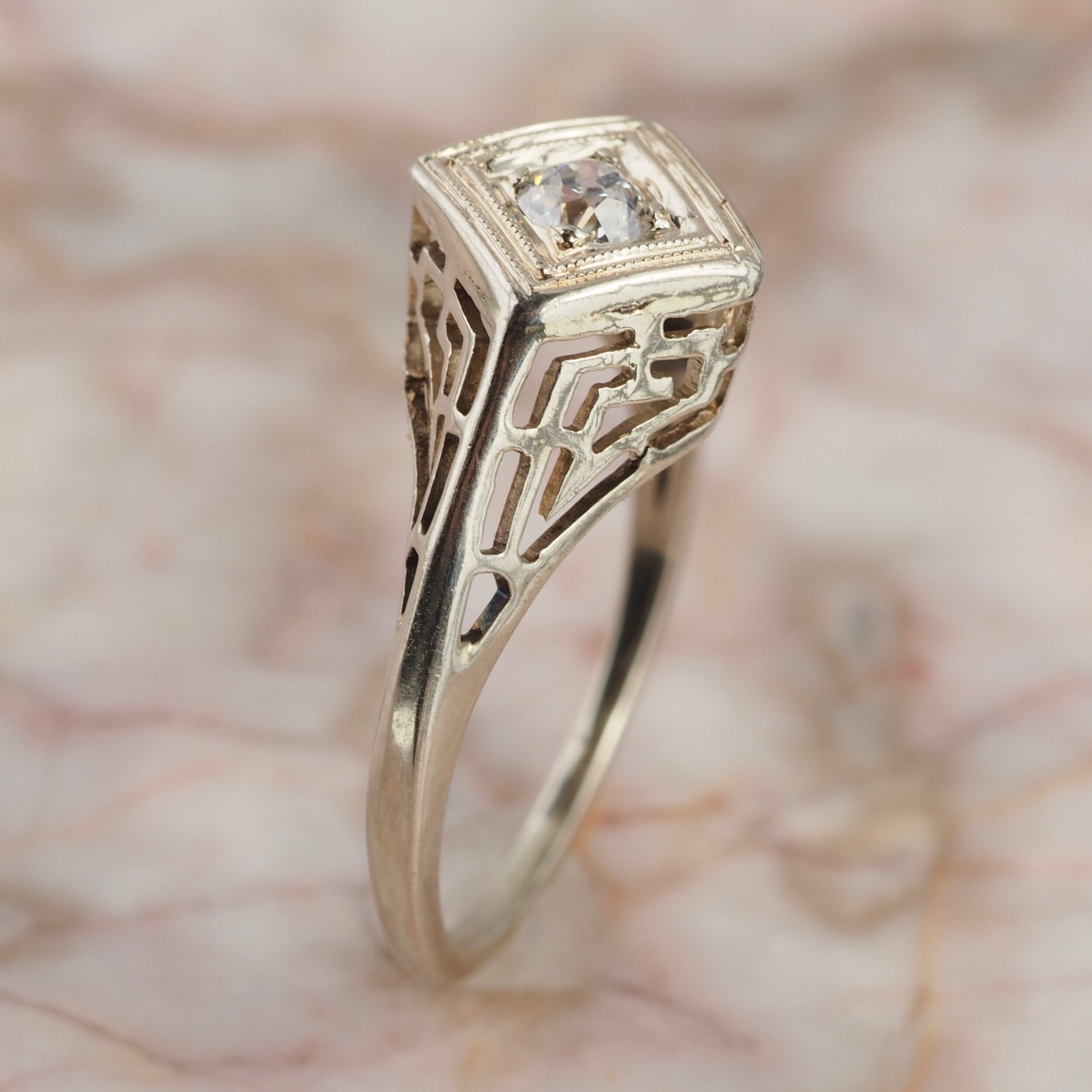Art Deco 14k White Gold Old European Cut Diamond Engagement Ring
