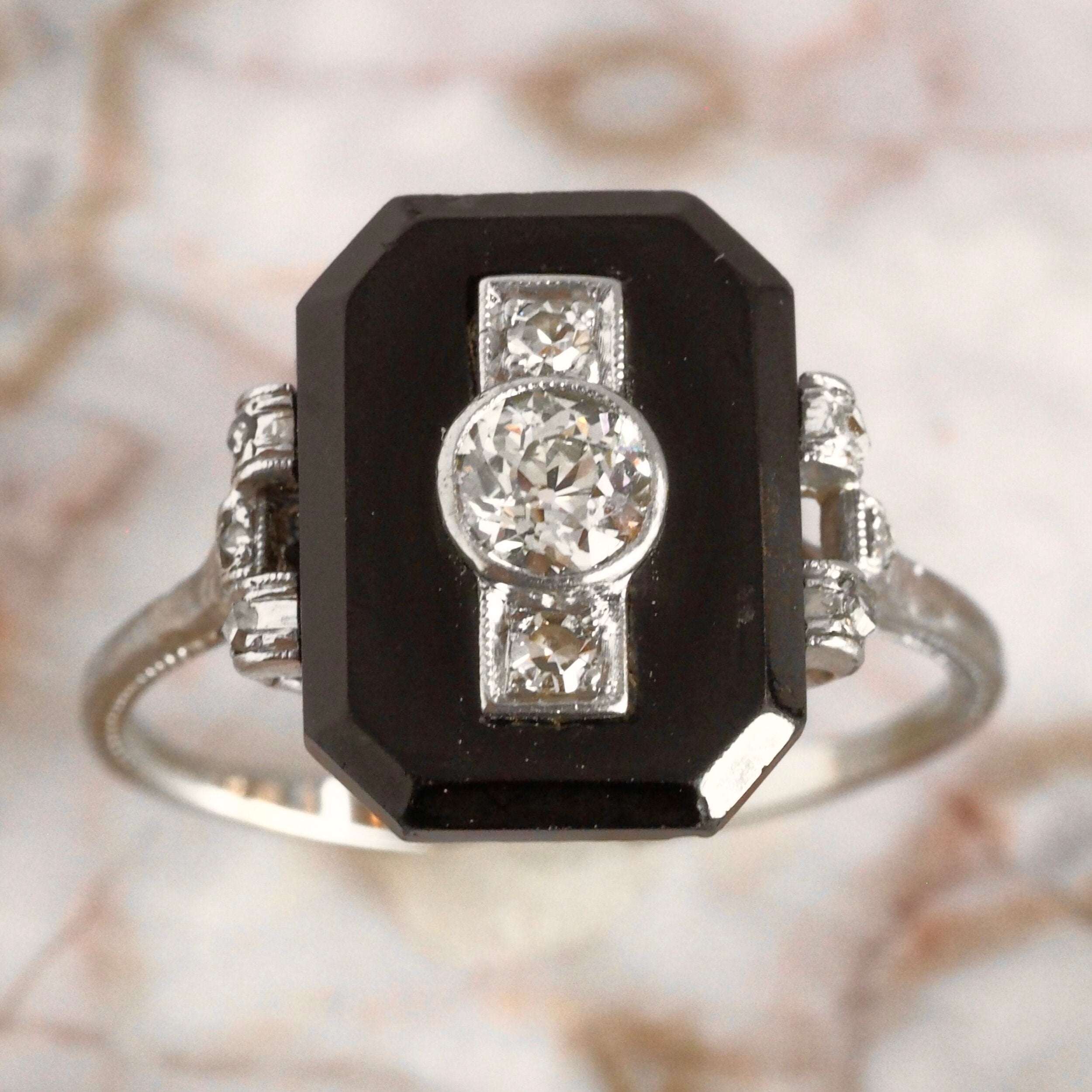 Art Deco 14k White Gold Old Mine Cut and Rose Cut Diamond and Onyx Ring