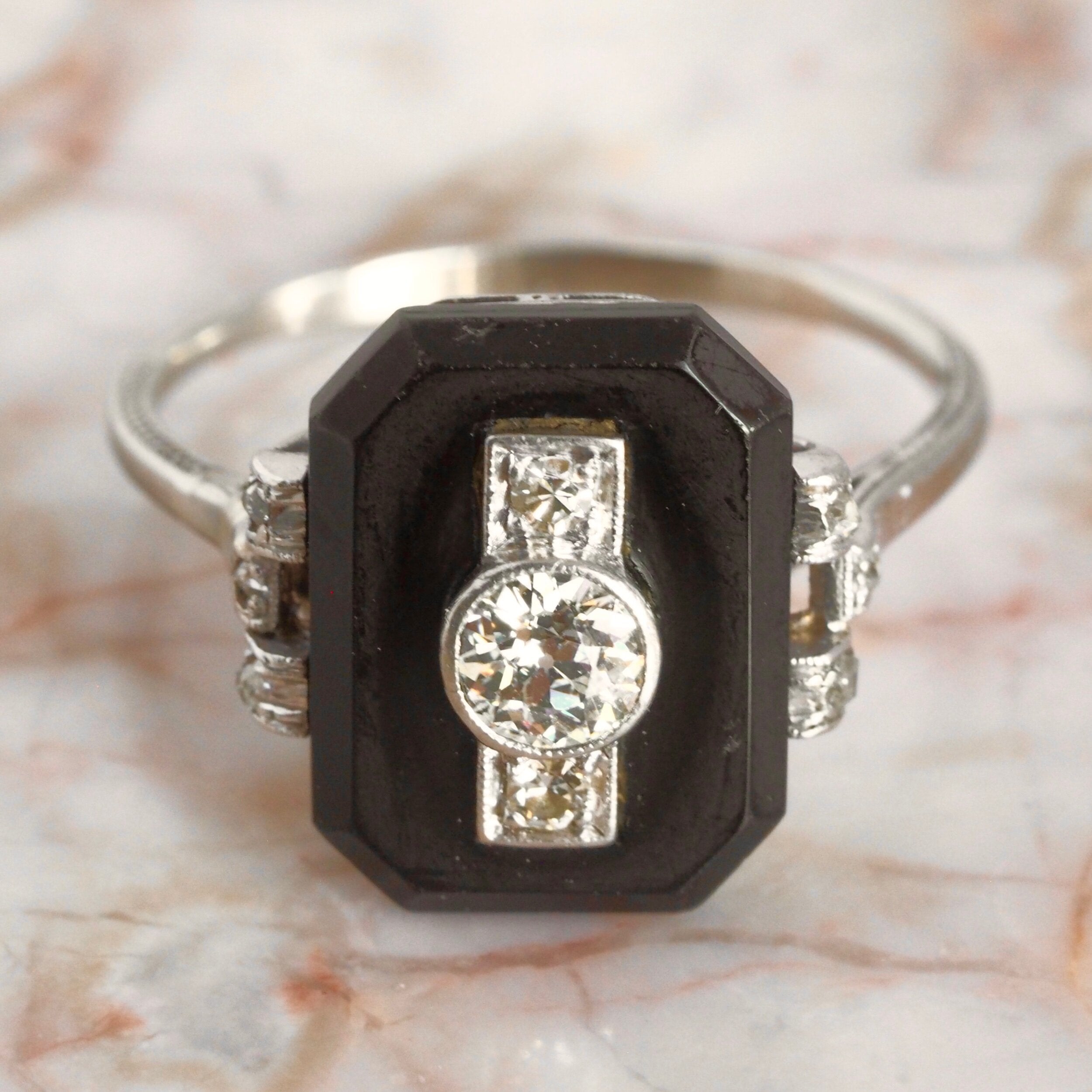 Art Deco 14k White Gold Old Mine Cut and Rose Cut Diamond and Onyx Ring