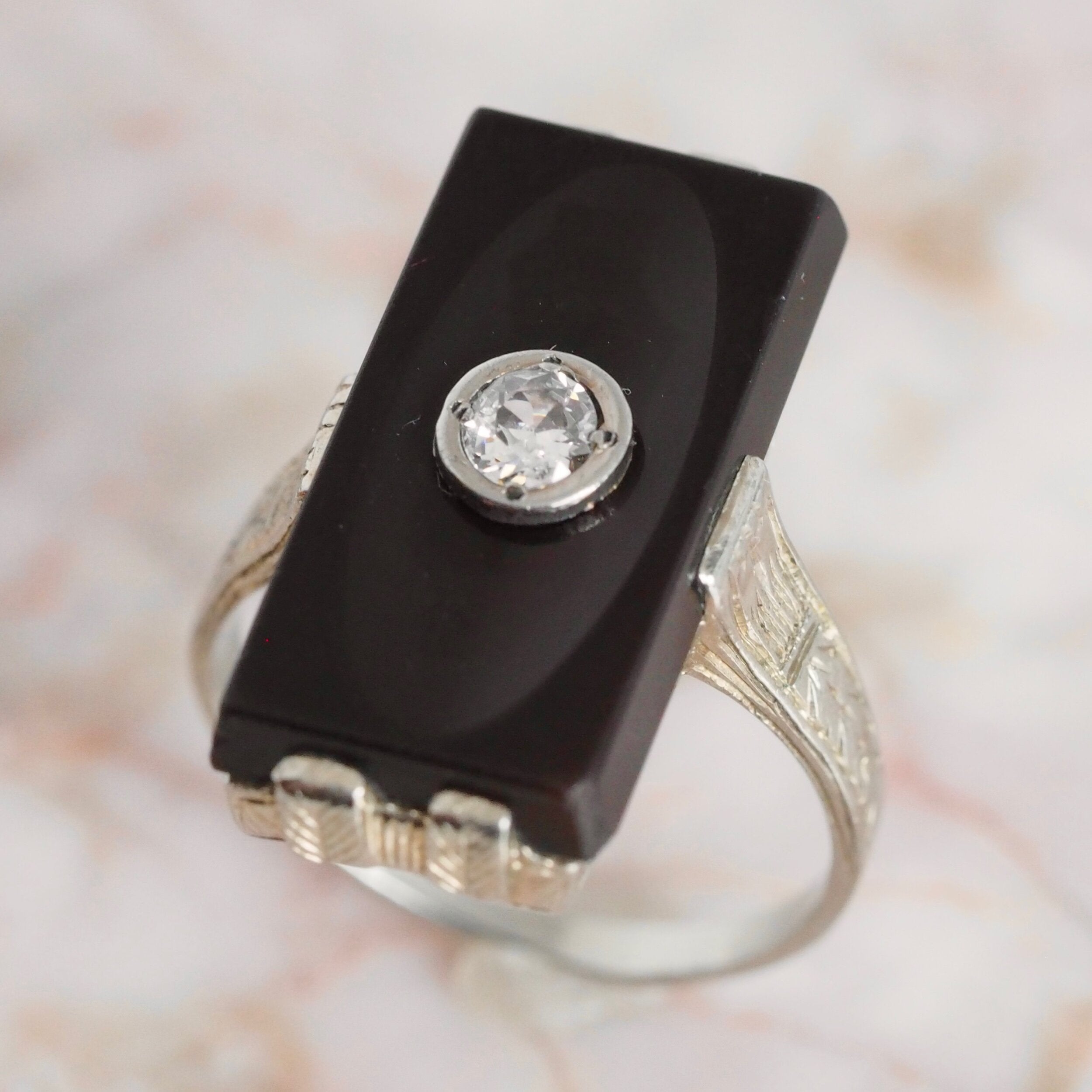 Art Deco 14k White Gold Onyx and Old European Cut Diamond Ring
