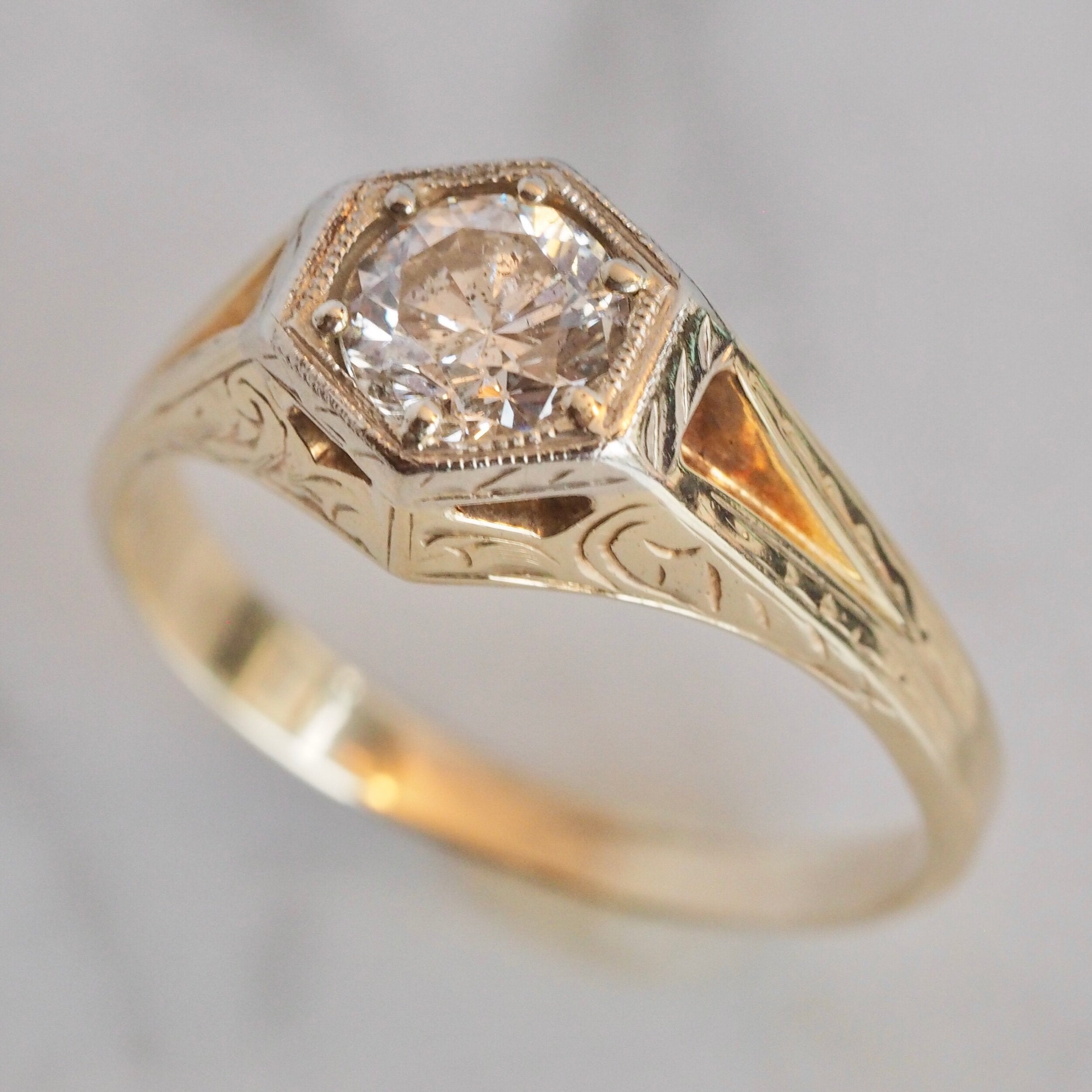 Art Deco 14k White and Yellow Gold Transitional Cut Diamond Ring