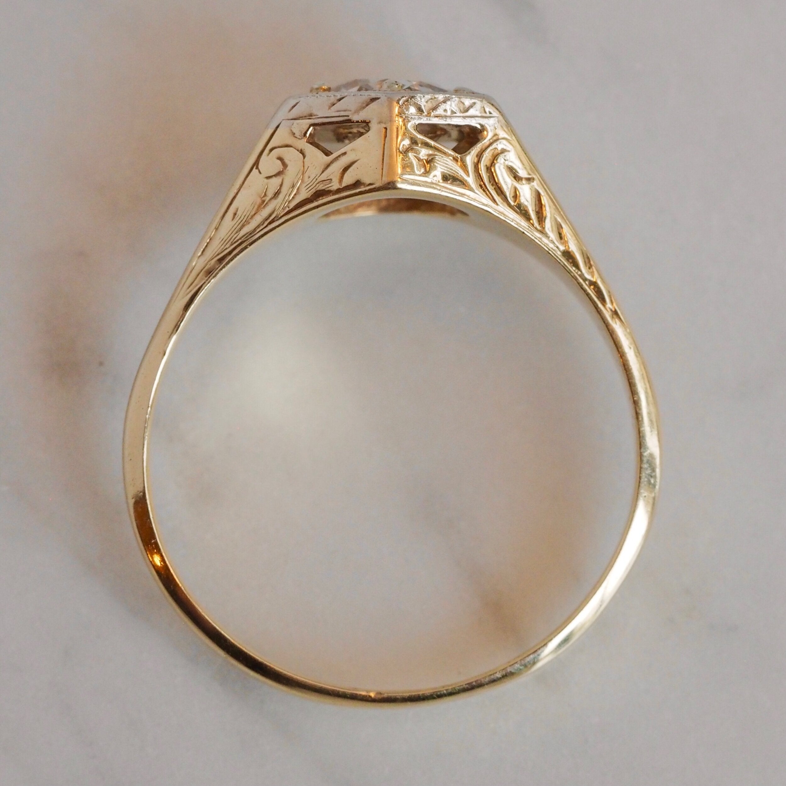 Art Deco 14k White and Yellow Gold Transitional Cut Diamond Ring