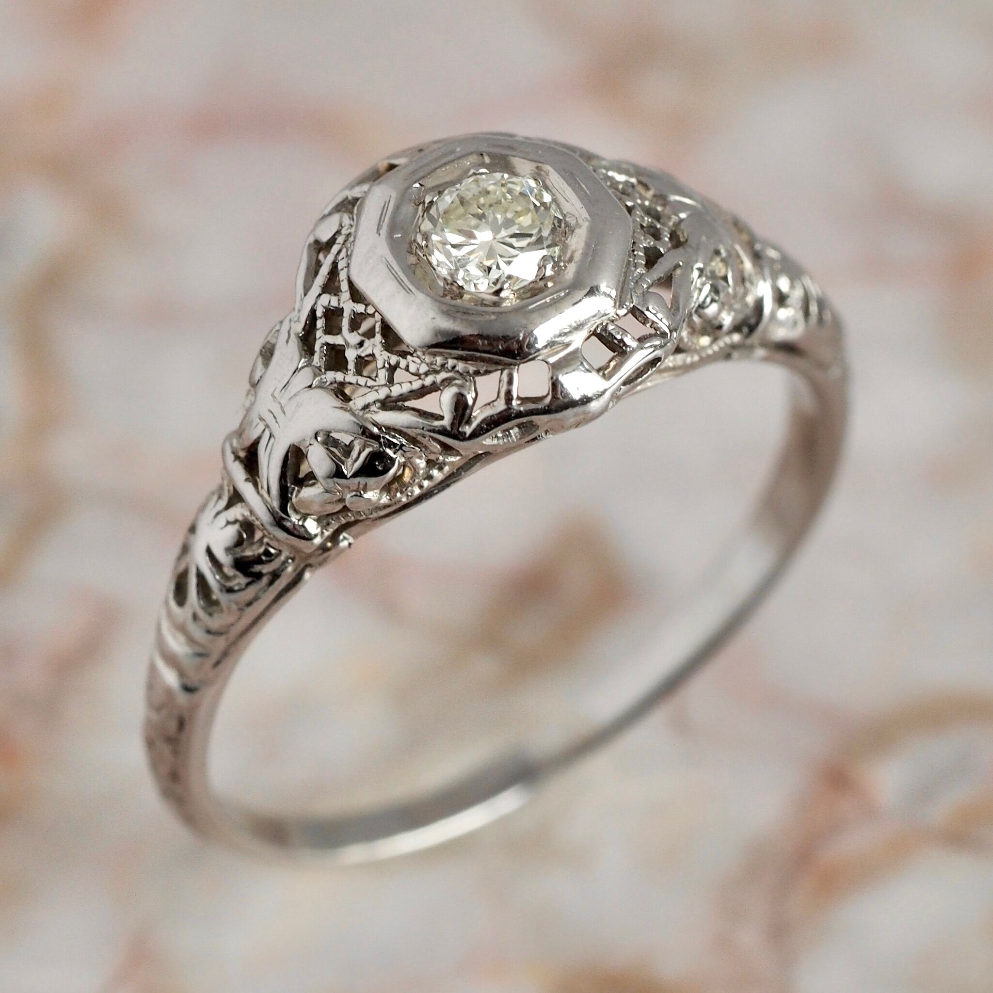 Art Deco 18k White Gold Filigree Old European Cut Diamond Solitaire Ring
