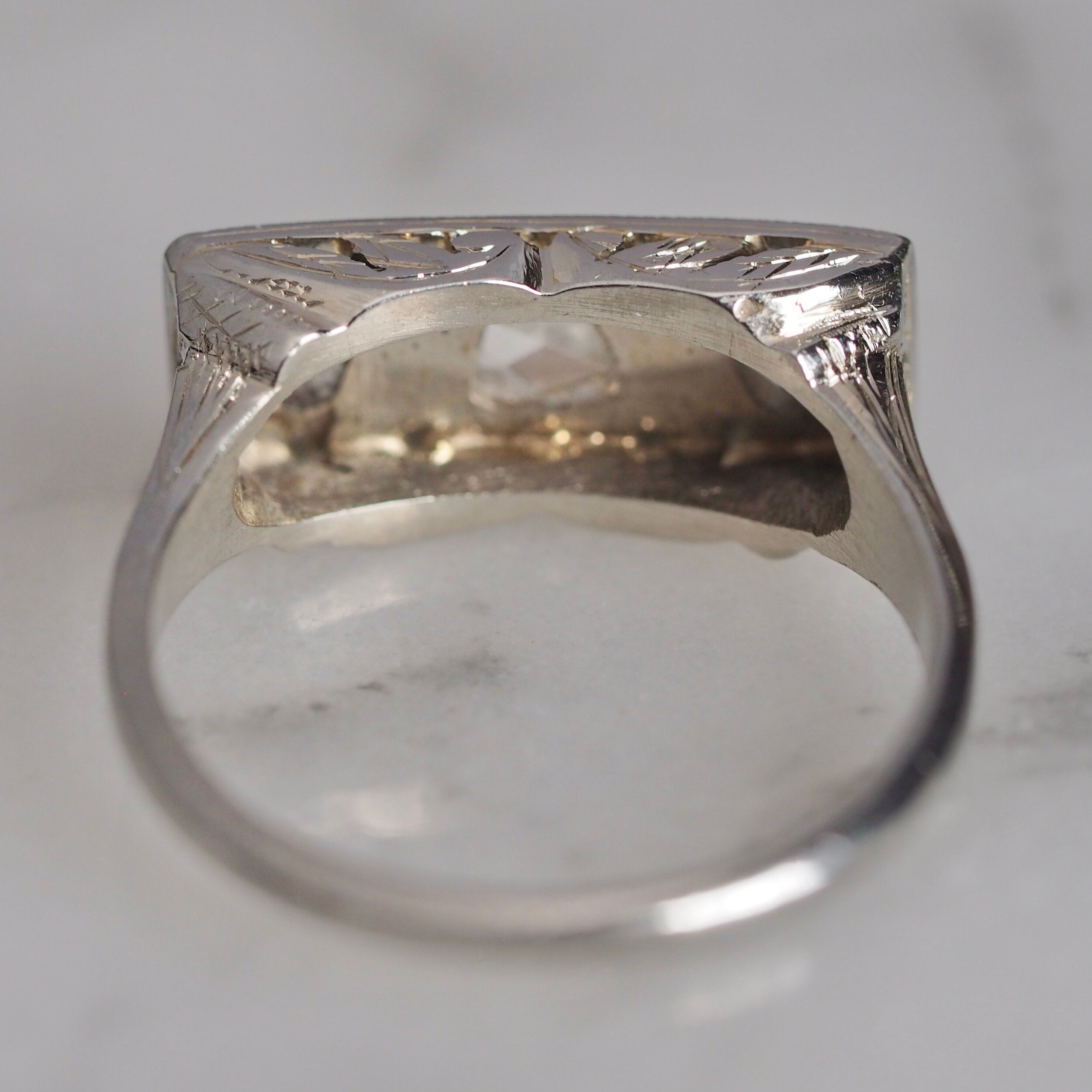 Art Deco 18k White Gold Heart Shaped Rose Cut Trilogy Engagement Ring