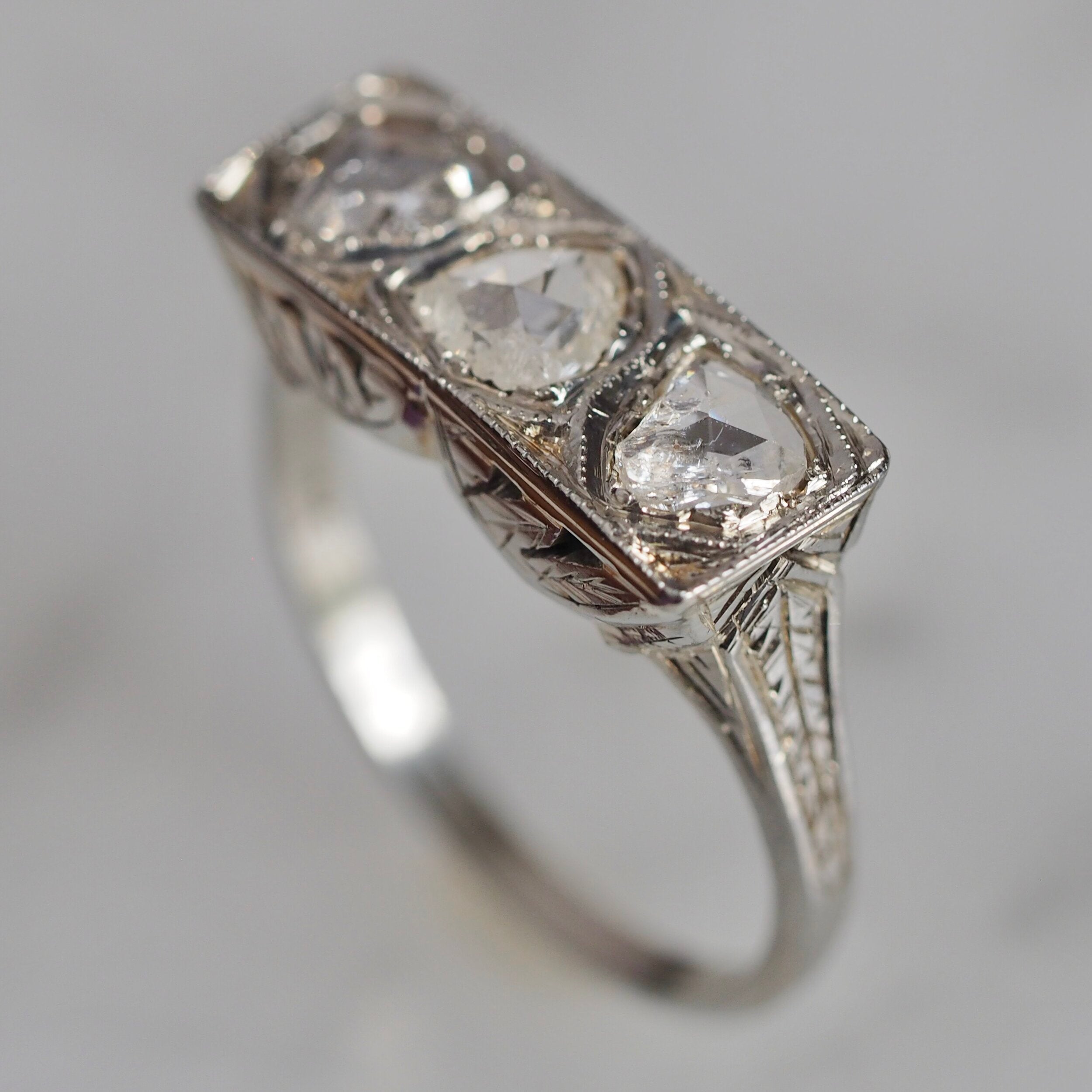 Art Deco 18k White Gold Heart Shaped Rose Cut Trilogy Engagement Ring