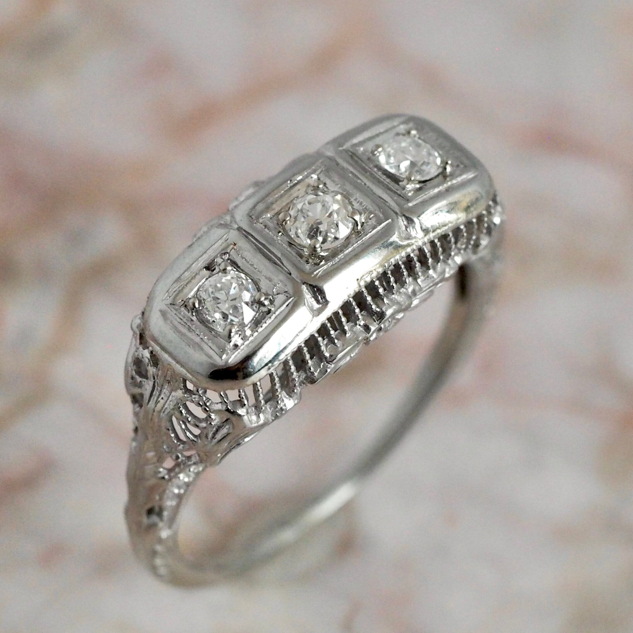 Art Deco 18k White Gold Old European Cut Diamond Trilogy Ring