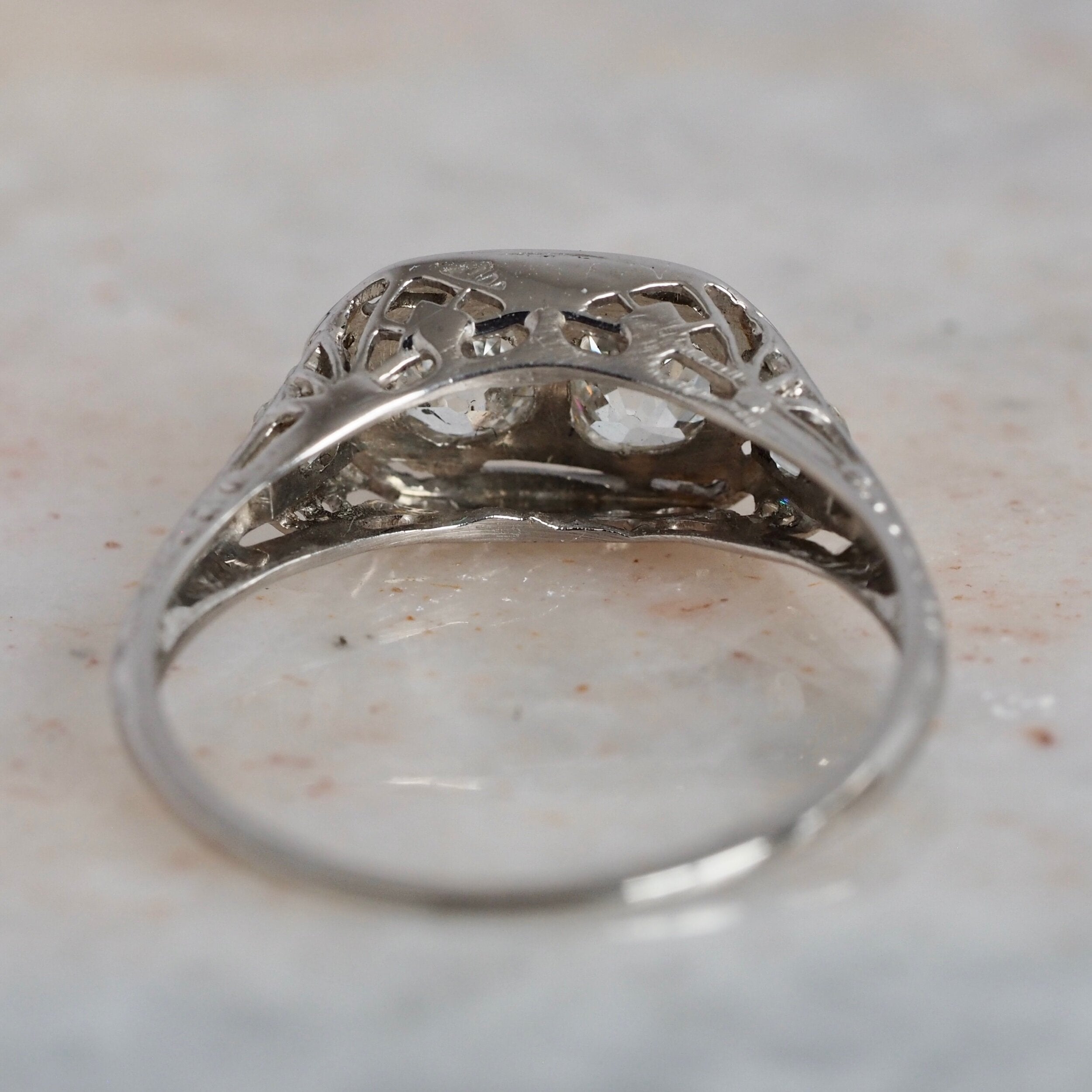 Art Deco 18k White Gold Old Mine Cut Diamond Filigree Ring