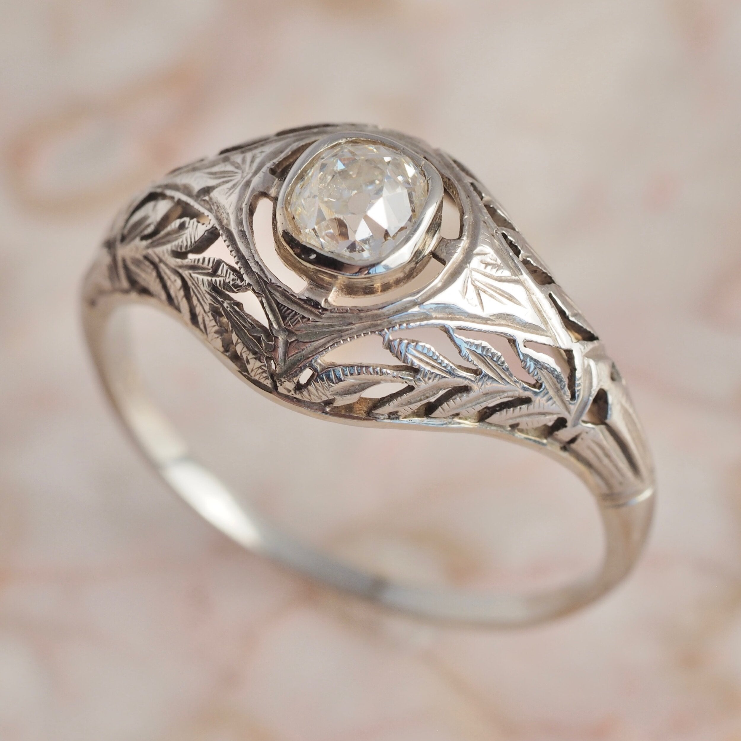 Art Deco Italian 14k Gold and Old Mine Cut Diamond Ring