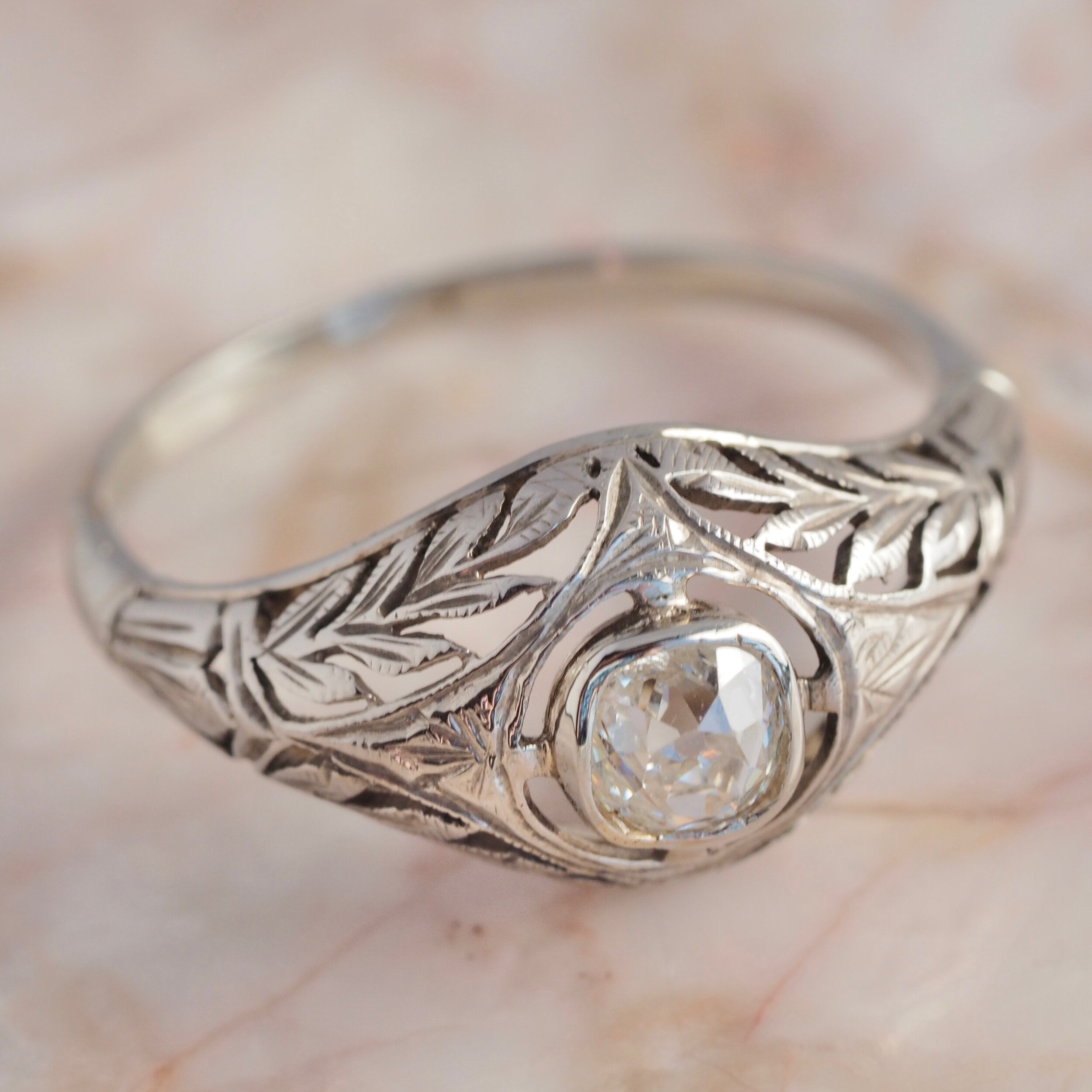 Art Deco Italian 14k Gold and Old Mine Cut Diamond Ring