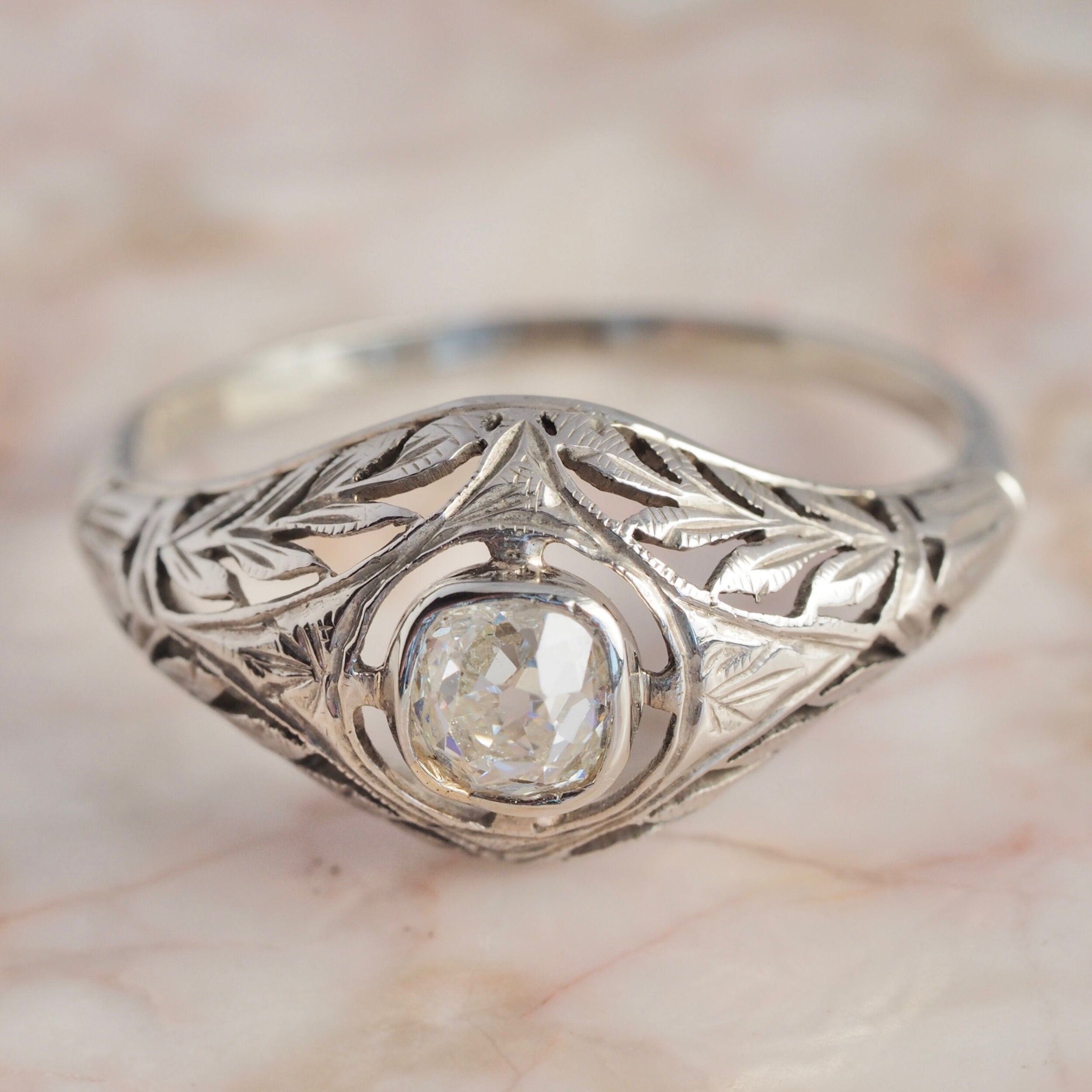 Art Deco Italian 14k Gold and Old Mine Cut Diamond Ring