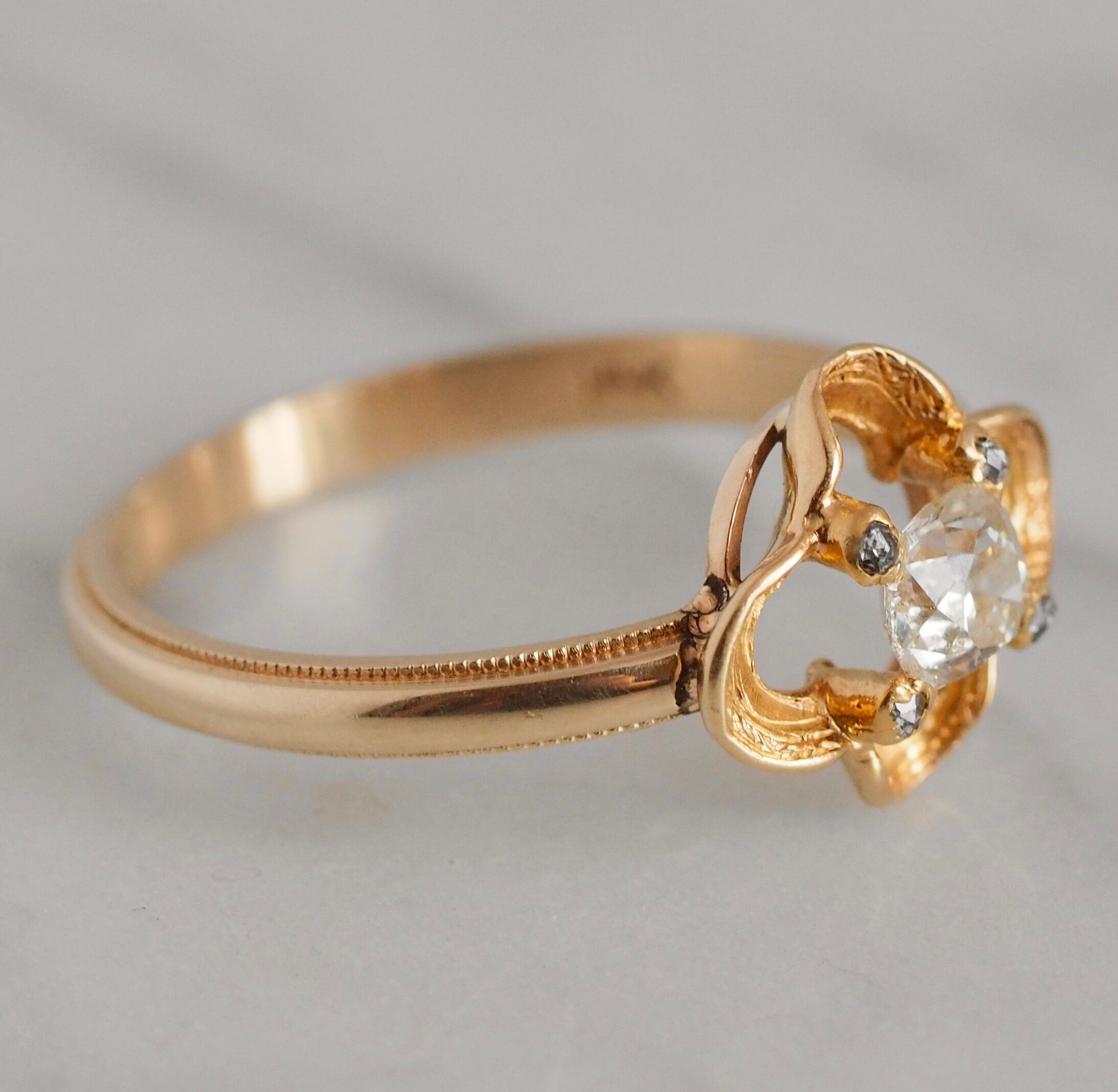 Art Nouveau 14k Gold Cushion and Rose Cut Diamond Ring