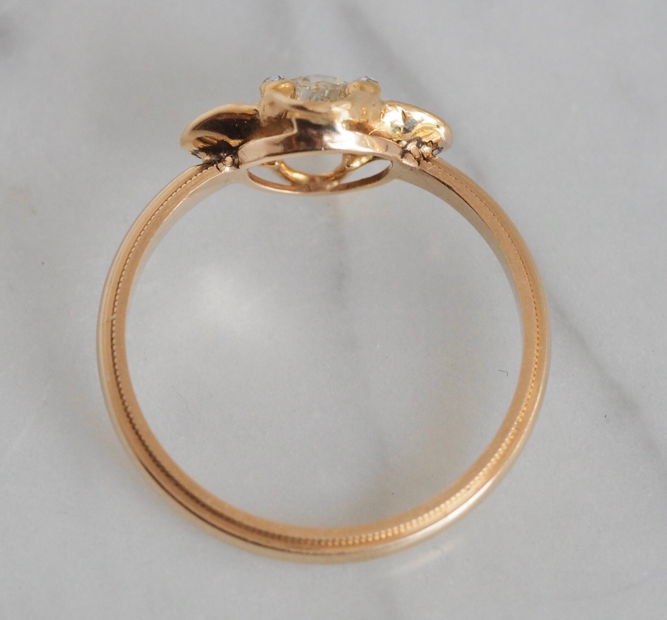 Art Nouveau 14k Gold Cushion and Rose Cut Diamond Ring