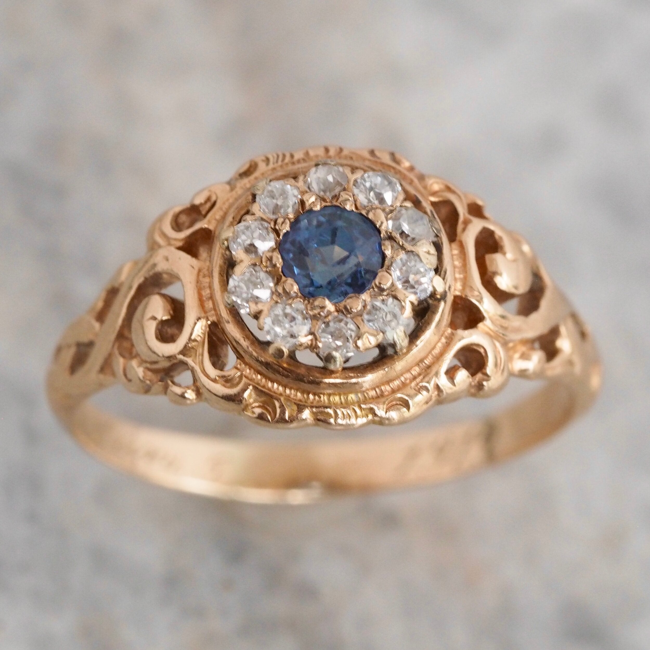 Art Nouveau 14k Gold Natural Sapphire and Diamond Halo Ring
