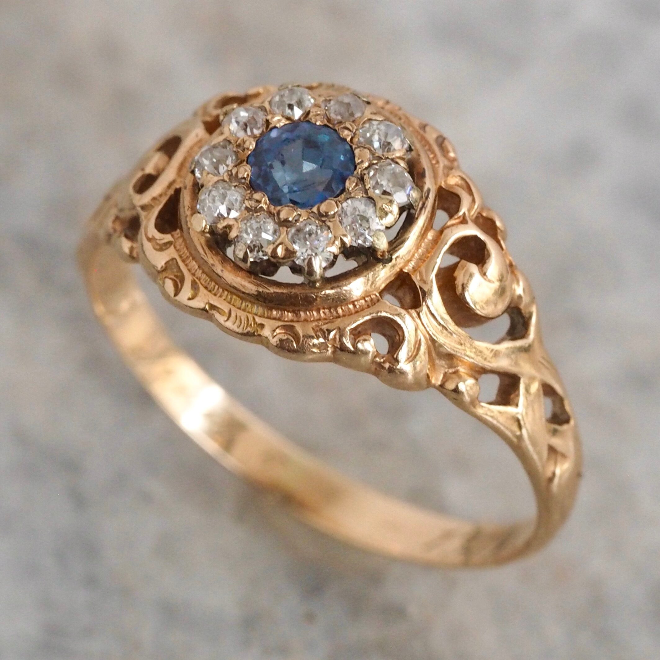 Art Nouveau 14k Gold Natural Sapphire and Diamond Halo Ring