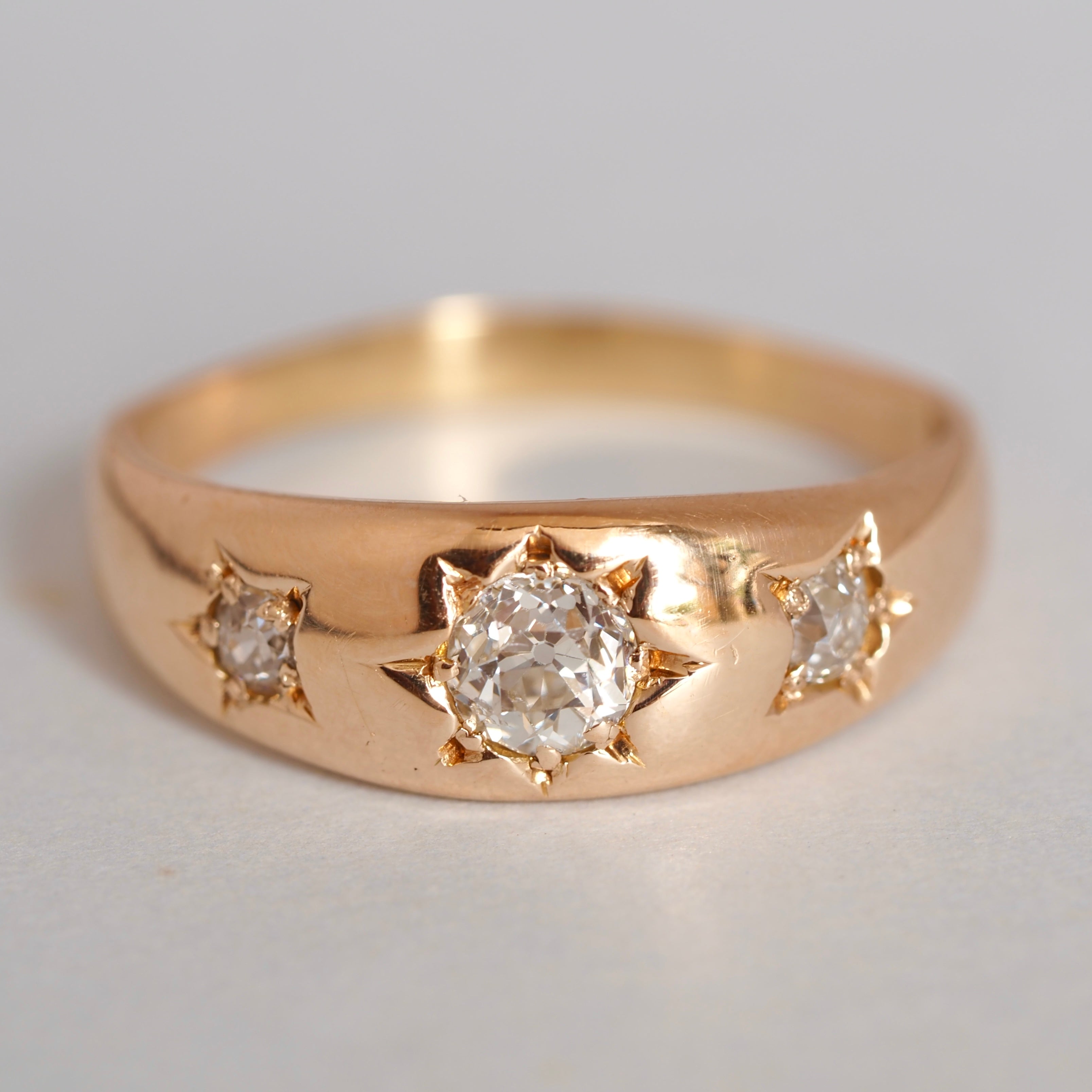 Antique Victorian 18k Gold Old Mine Cut Starburst Trilogy Flush Set Ring