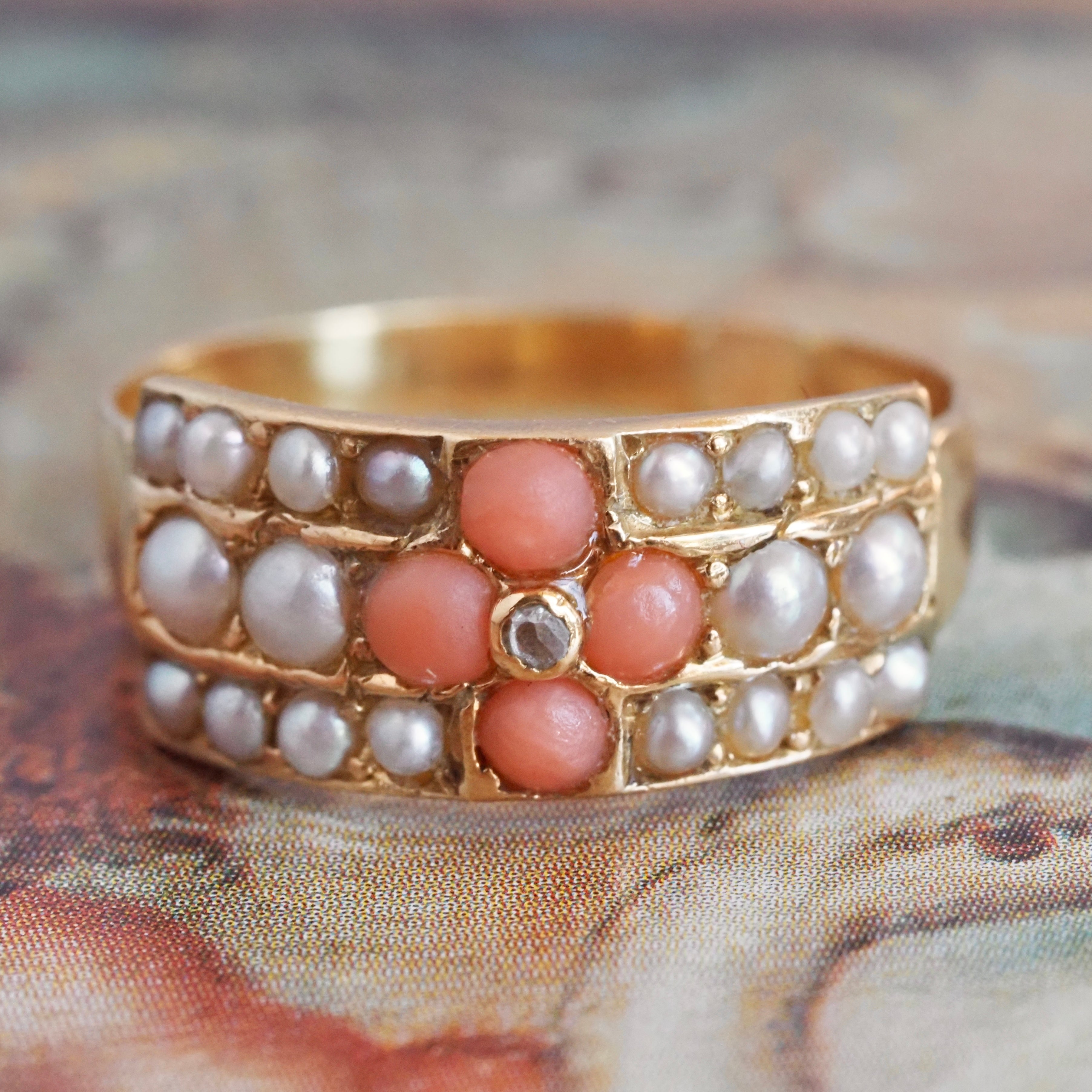 Antique c. 1881 English Coral Seed Pearl Rose Cut Diamond 18k Gold Ring