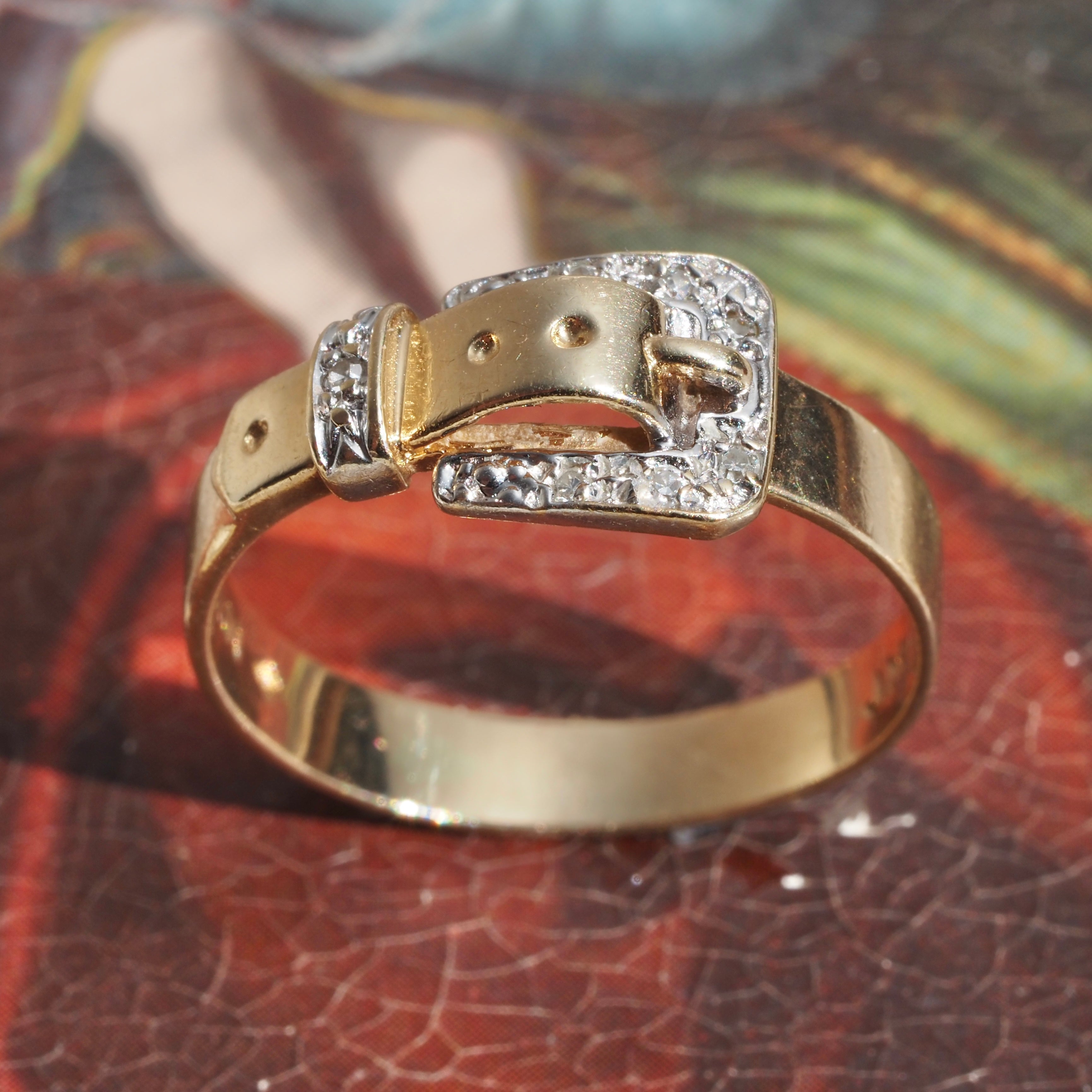 Mid-Century Diamond Belt Buckle 10k Gold Ring