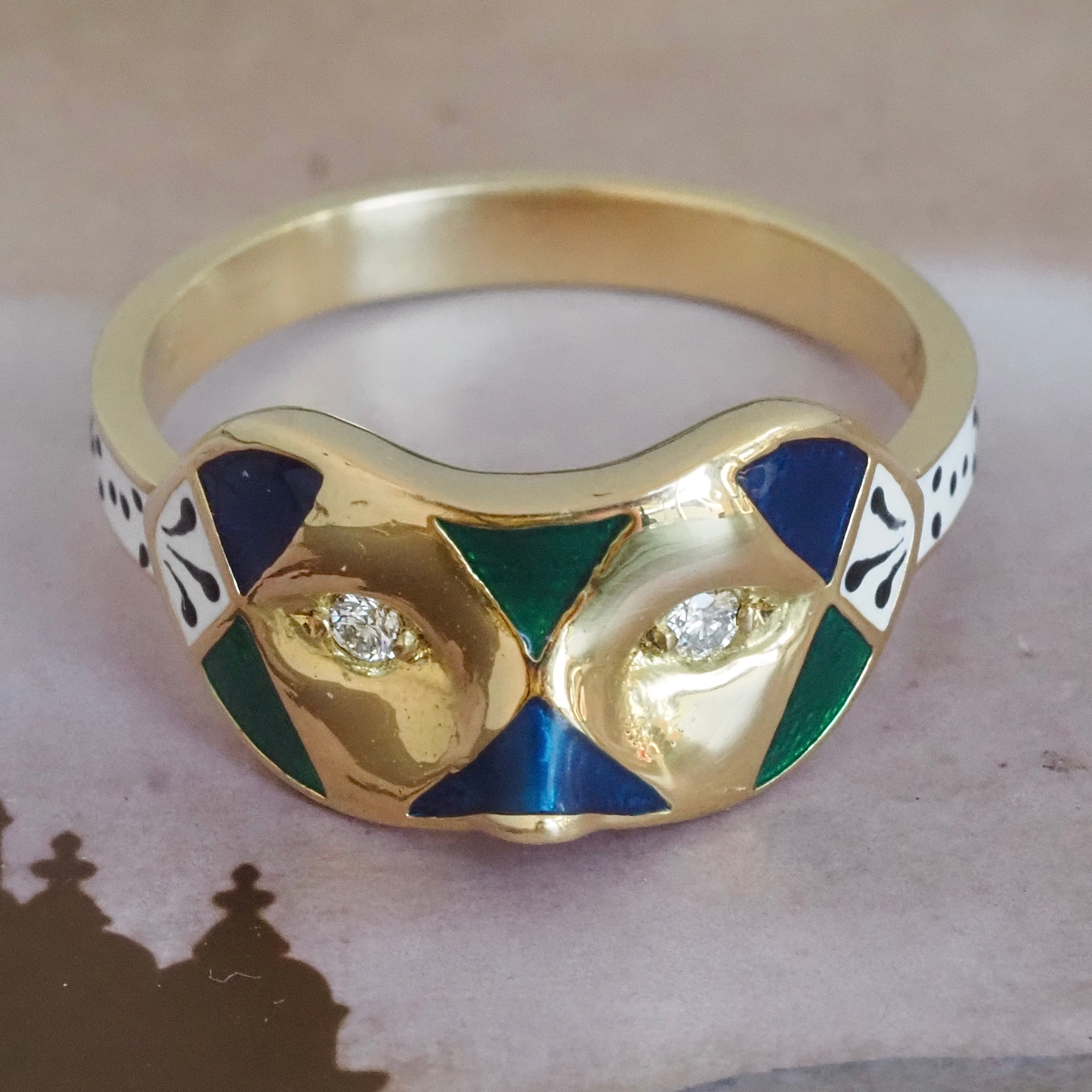 English Painted Mask Diamond and Enamel 18k Gold Ring