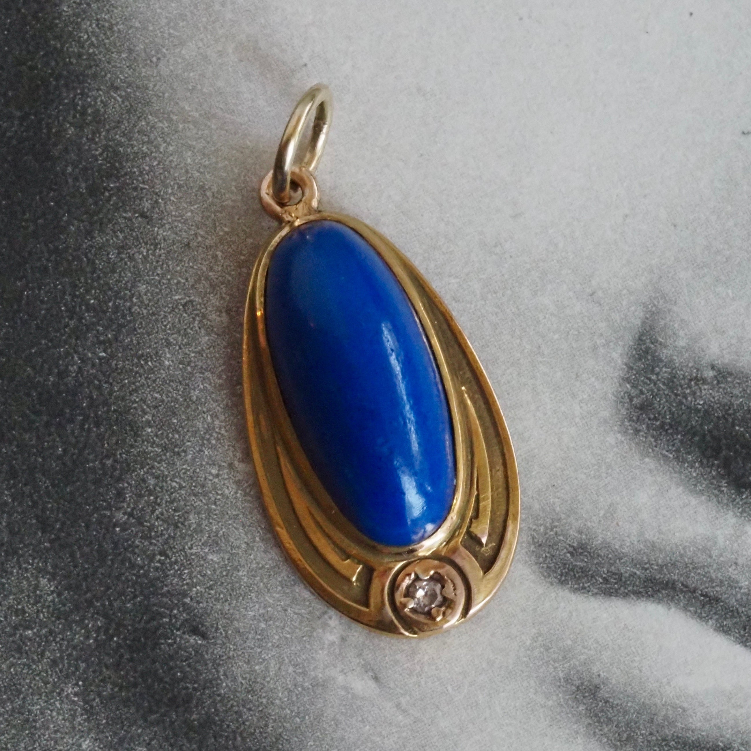 Antique Art Nouveau 14k Gold Lapis & Diamond Pendant