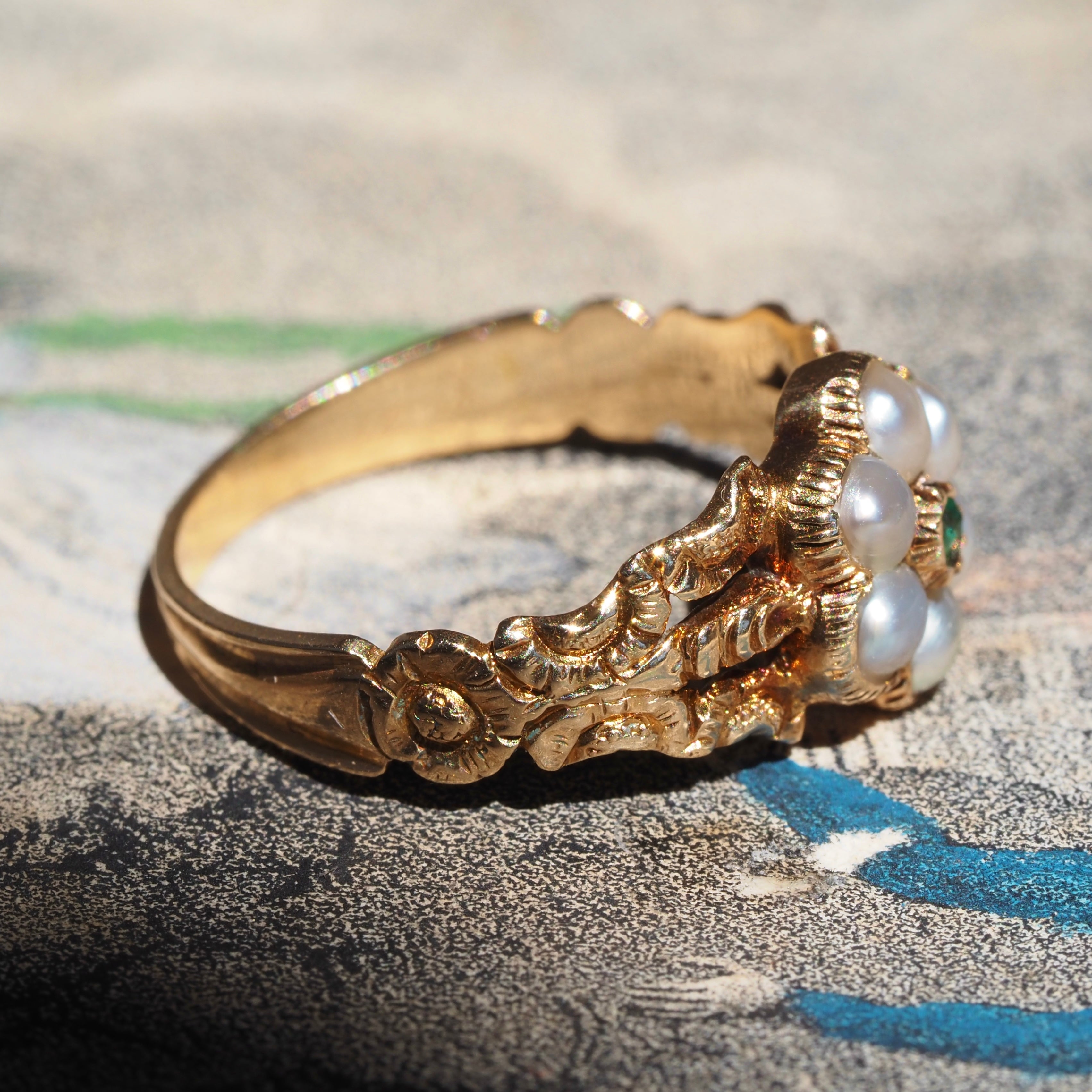 Antique Georgian Seed Pearl and Green Paste Flower Engraved Mourning Ring