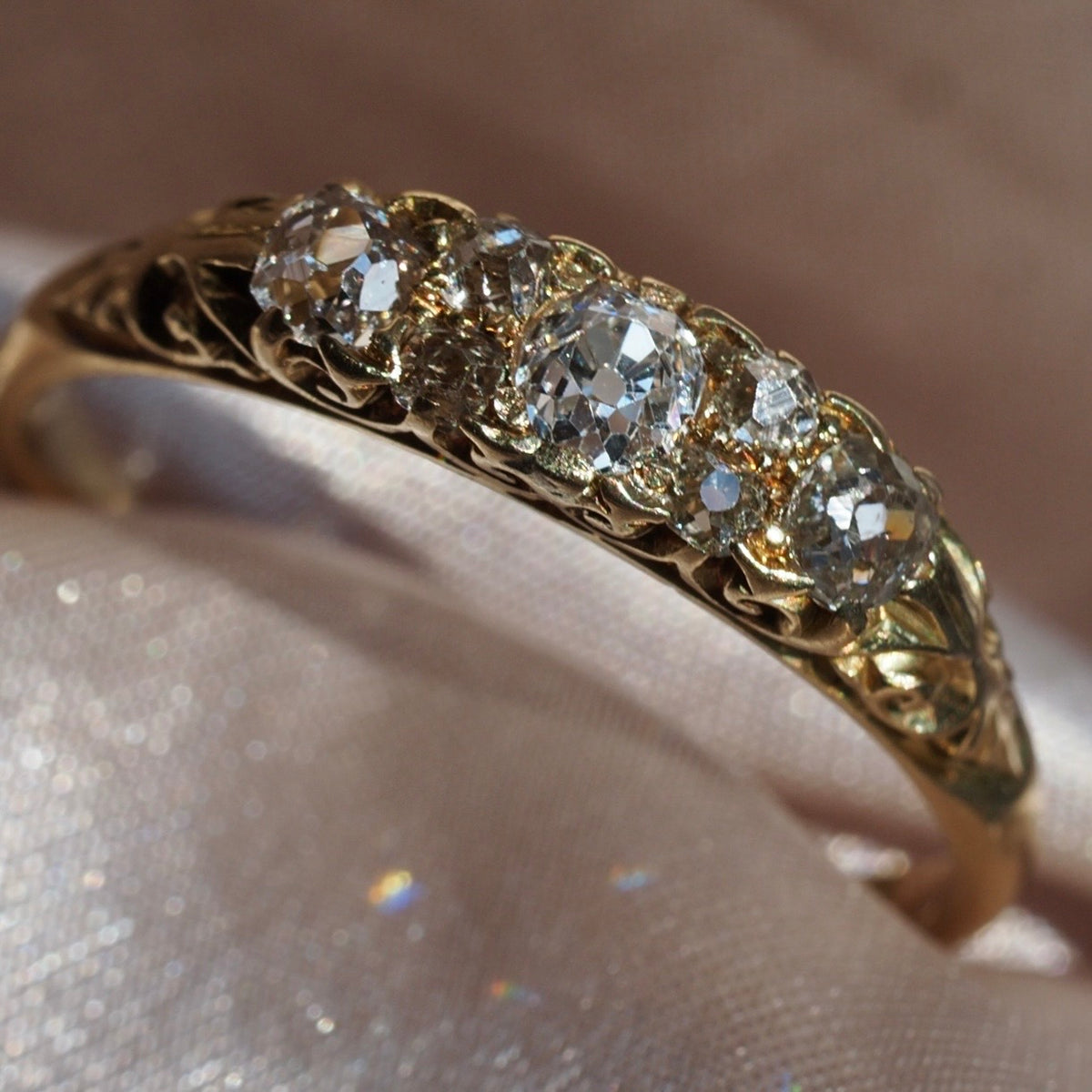 Antique Art Nouveau Old Mine Cut and Single Cut Diamond 18k Gold Half Hoop Ring