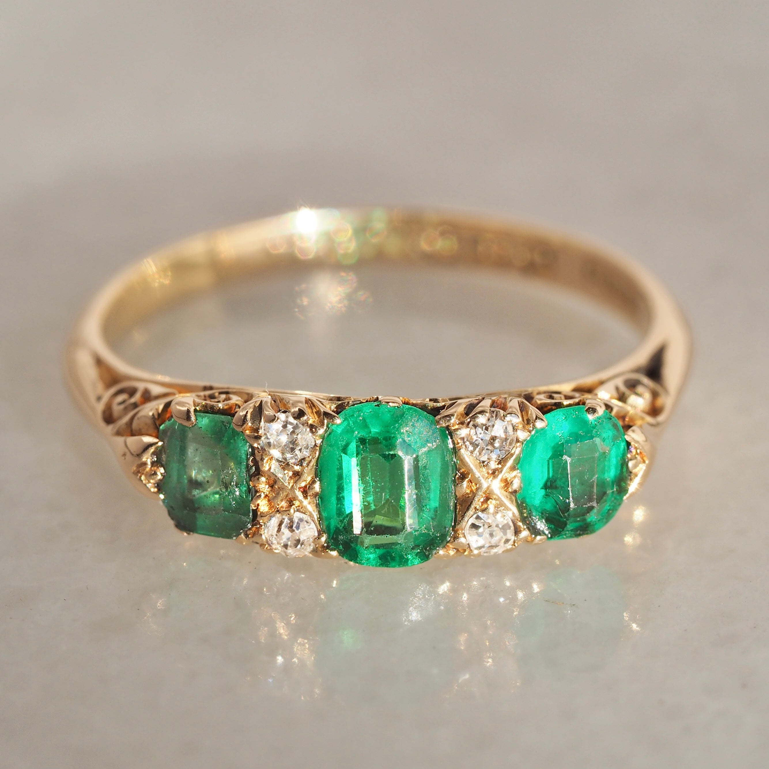 Antique Edwardian English 18k Gold Emerald and Old Mine Cut Ring