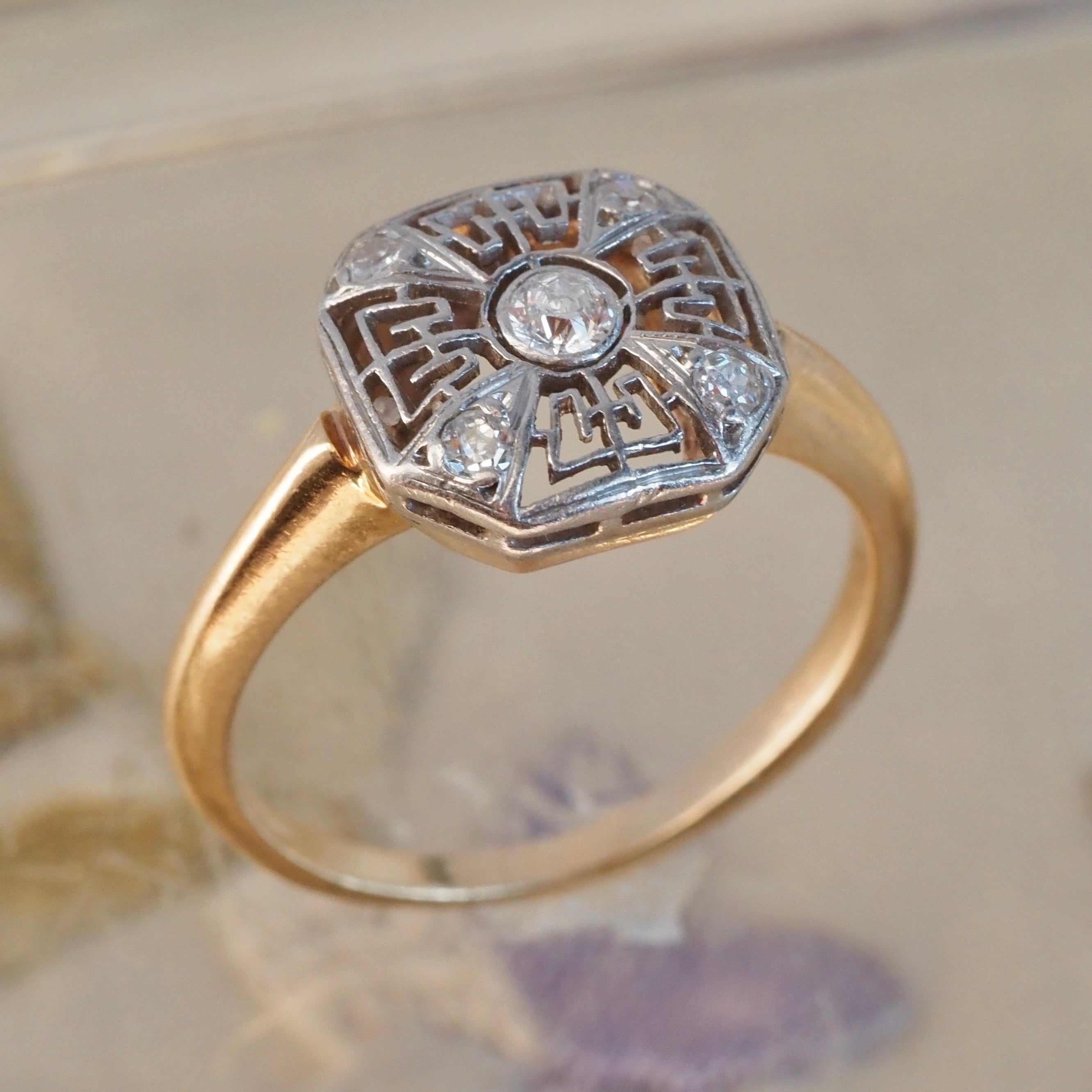 Art Deco Shield Diamond Platinum & 14k Gold Ring