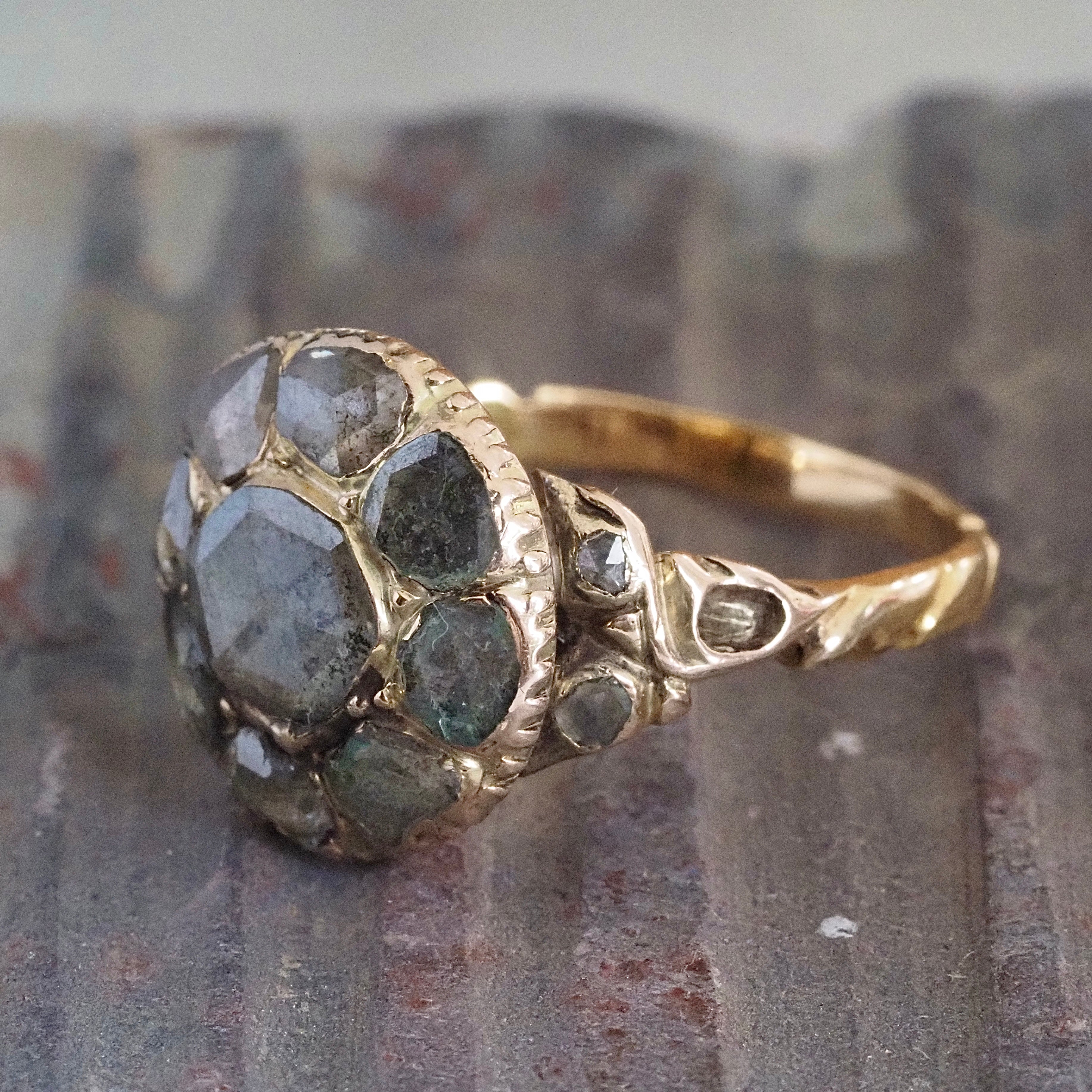 Antique French 14k Gold Rose Cut Diamond Cluster Ring