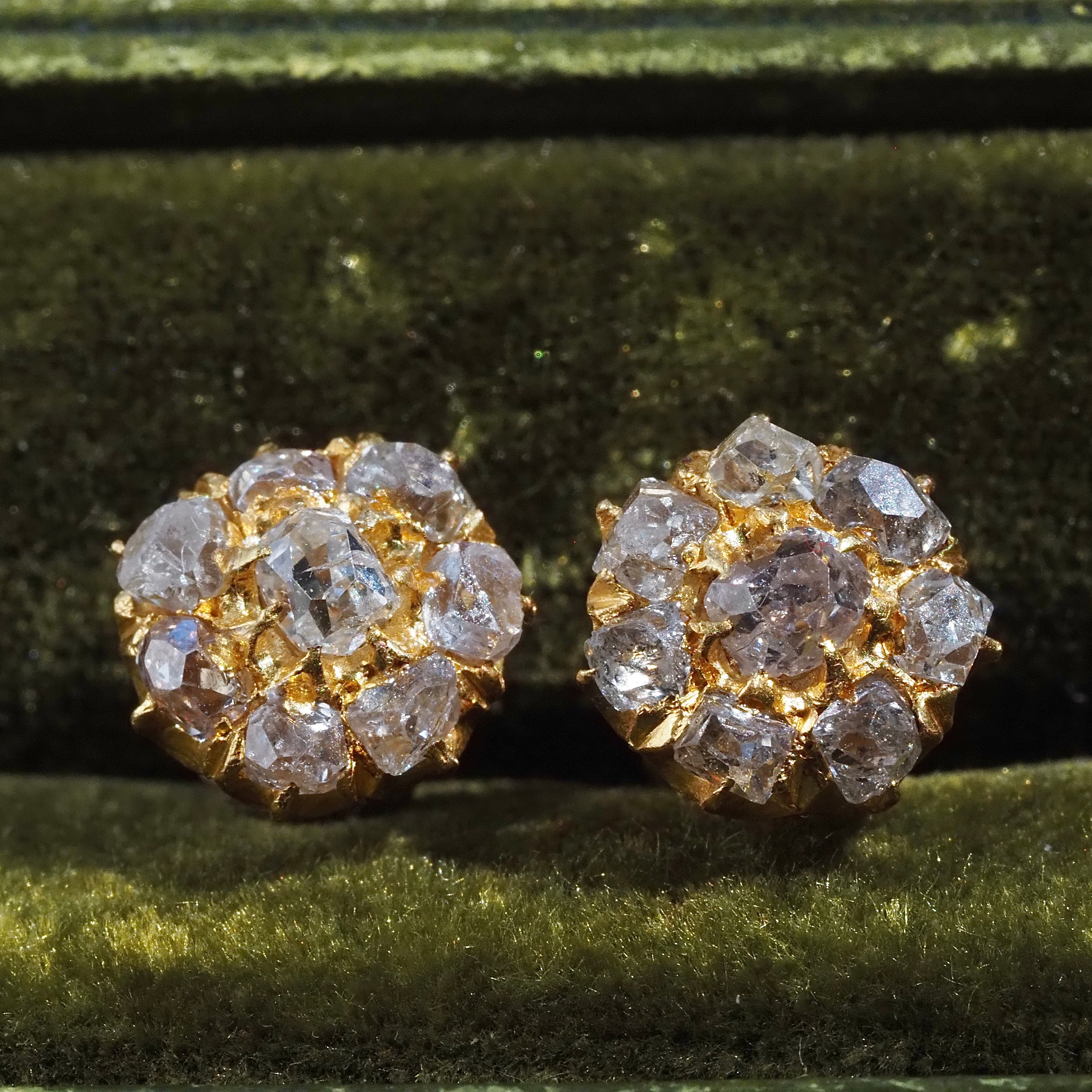 Antique Victorian 22k Gold Old Mine Cut Diamond Cluster Threaded Post Earrings