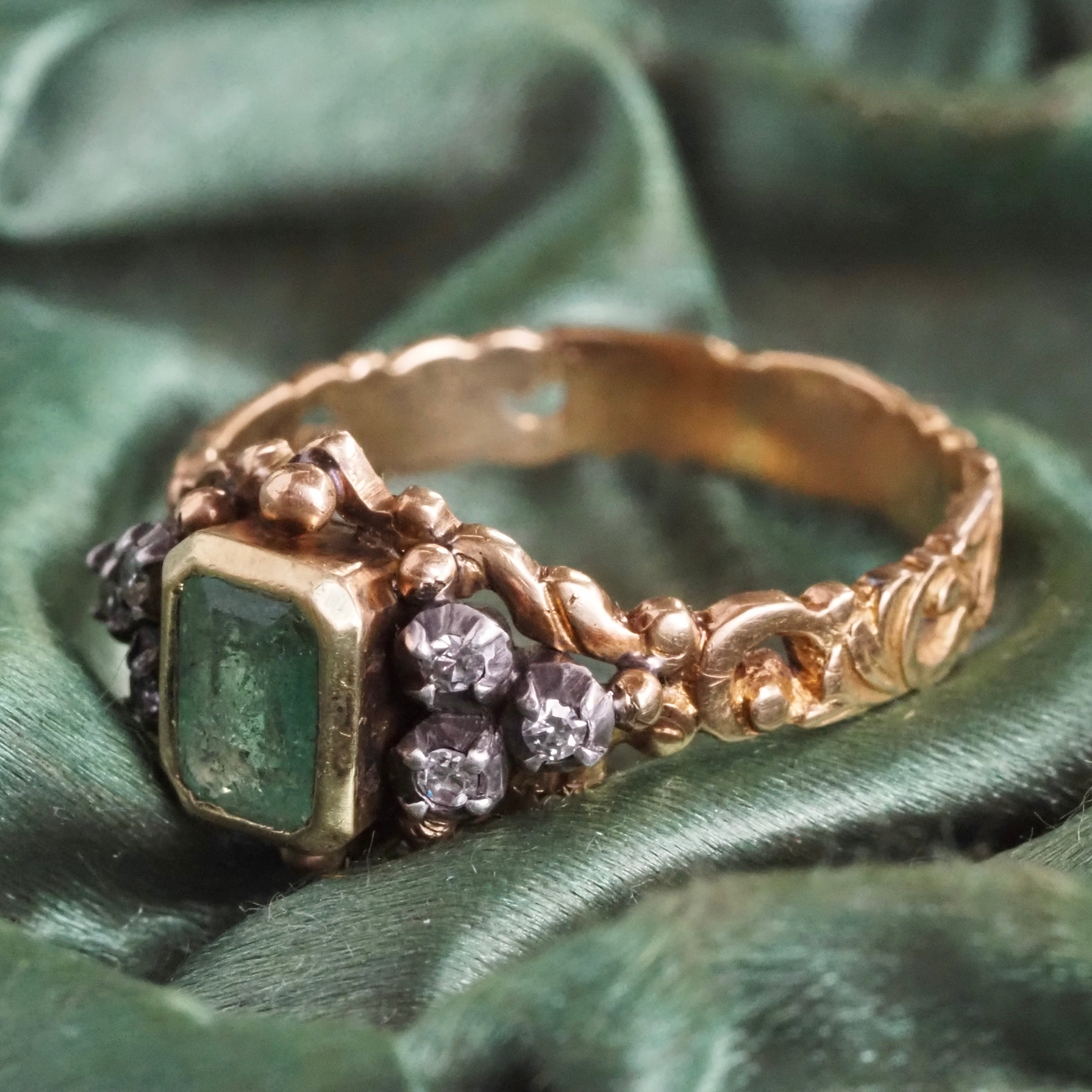 Vintage Victorian Style Emerald and Diamond 18k Gold and Silver Ring