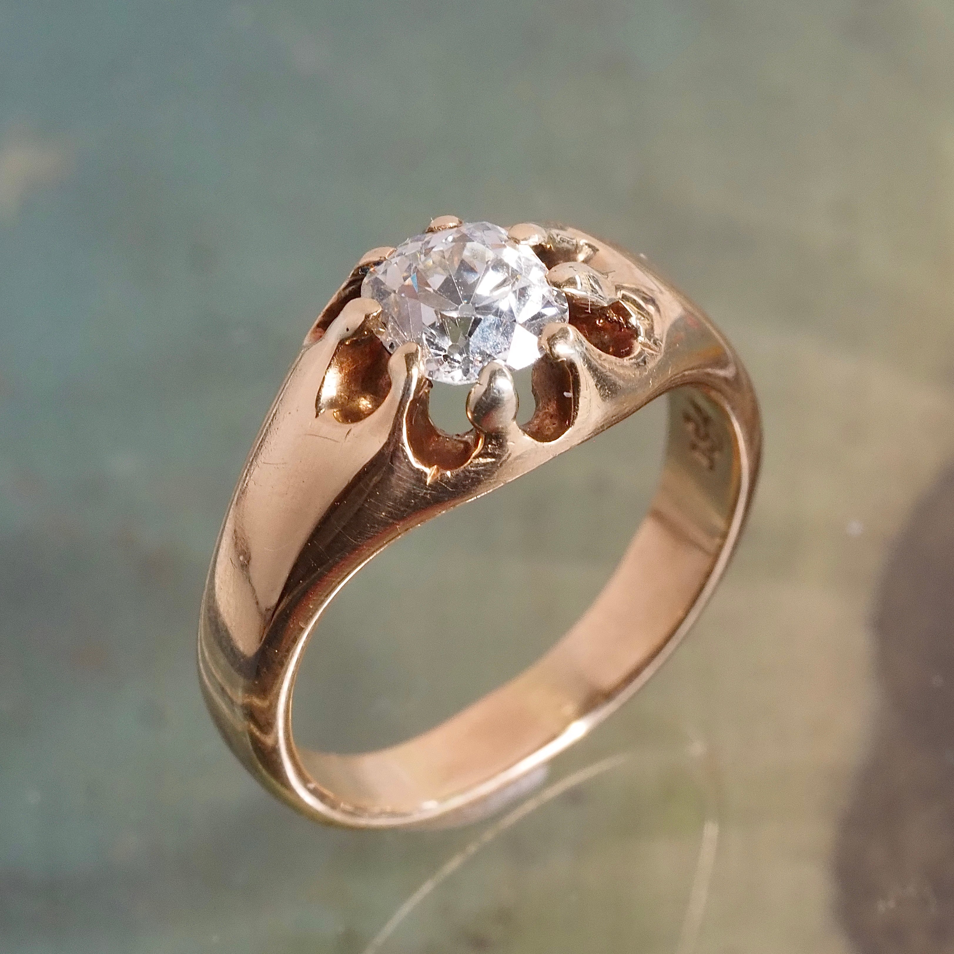 Antique Old Mine Cut Diamond Belcher Set 14k Gold Engagement Ring