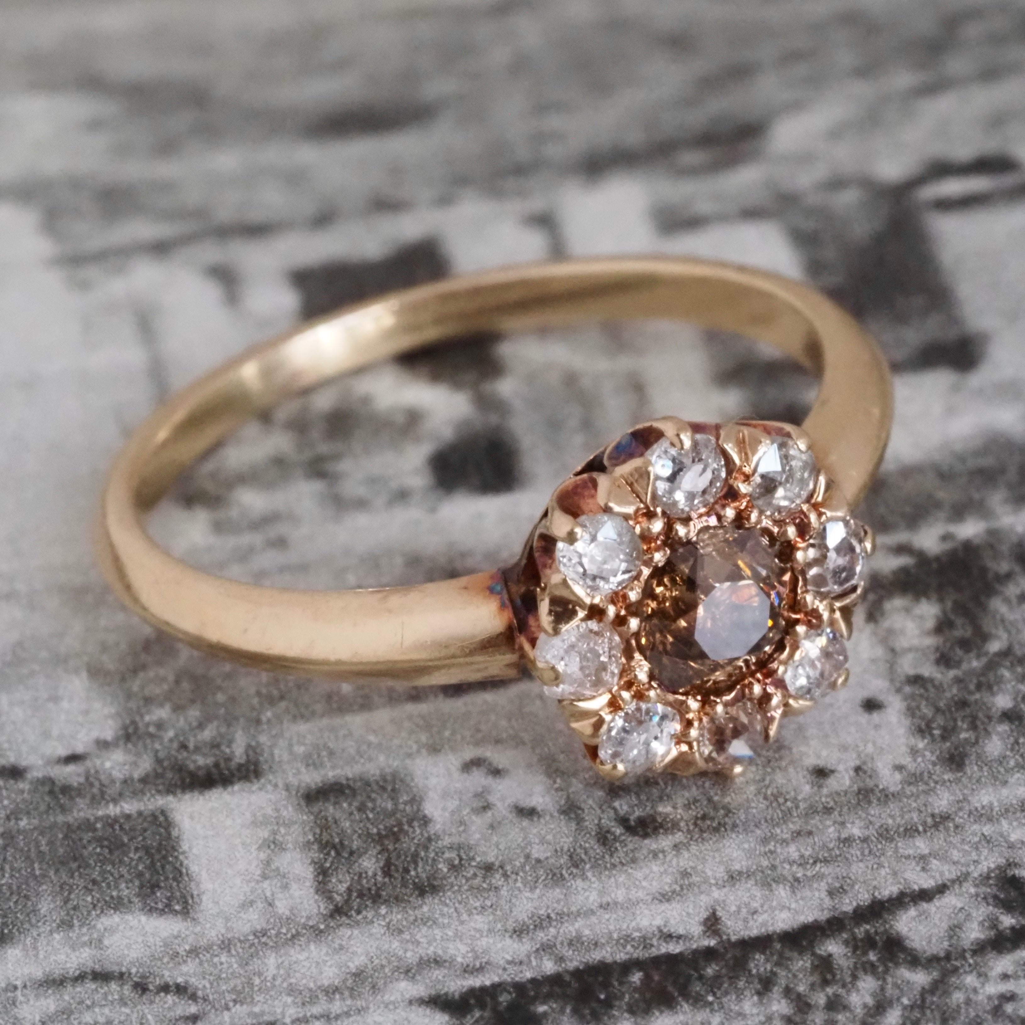 Antique Edwardian Brown Old European Cut Diamond Halo Cluster 14k Gold Engagement Ring