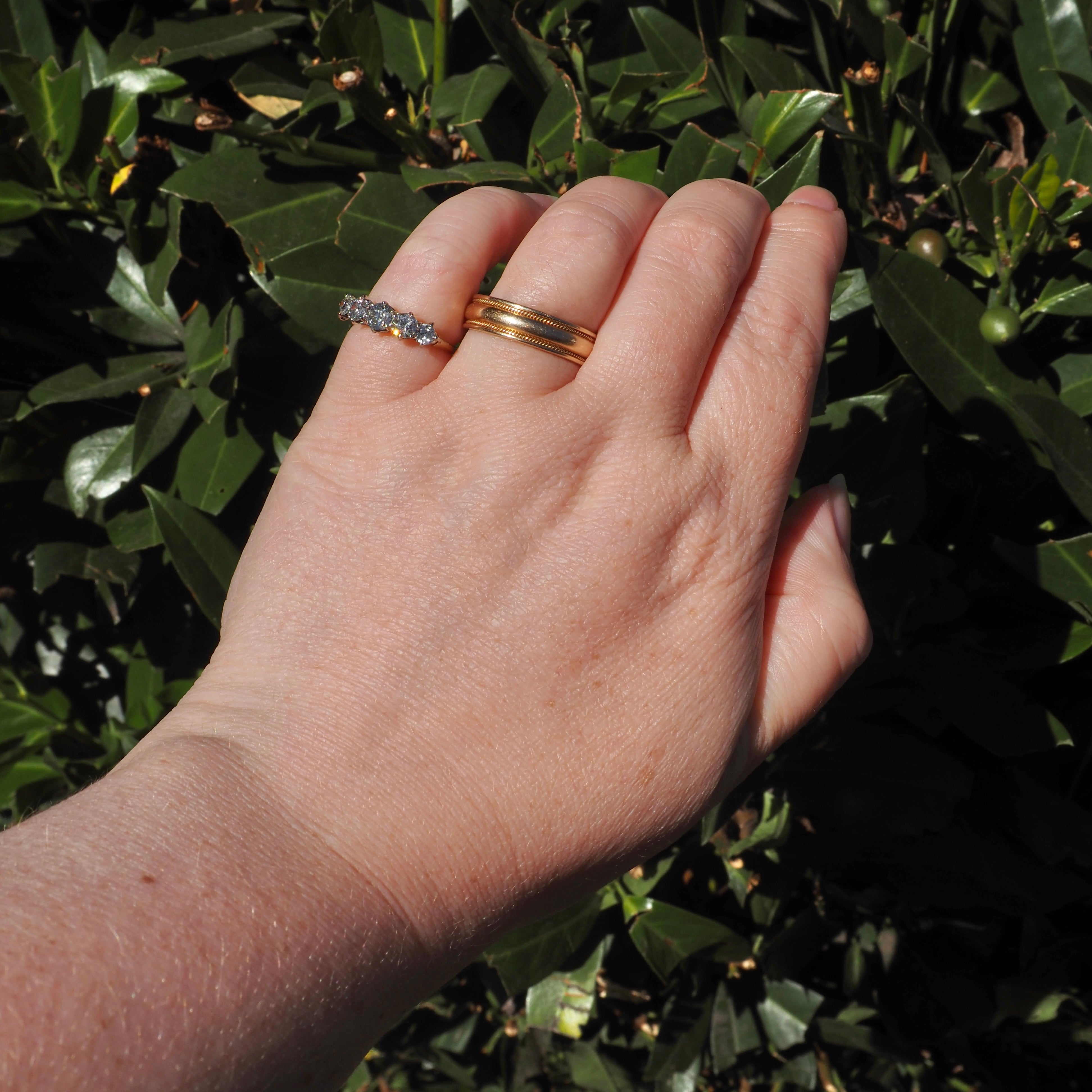 Mid Century Five Stone Old European and Transitional Cut Diamond 14k Gold Ring