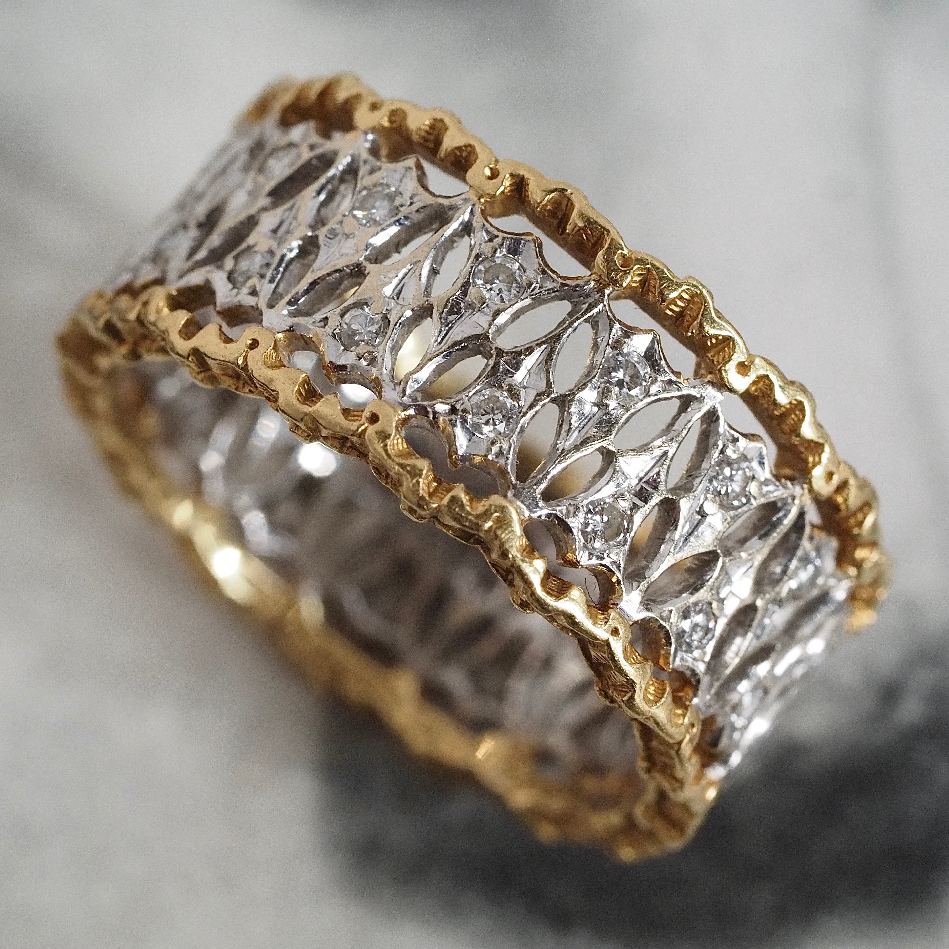 Vintage Italian 18k White and Yellow Gold Diamond Wide Lattice Open Work Band