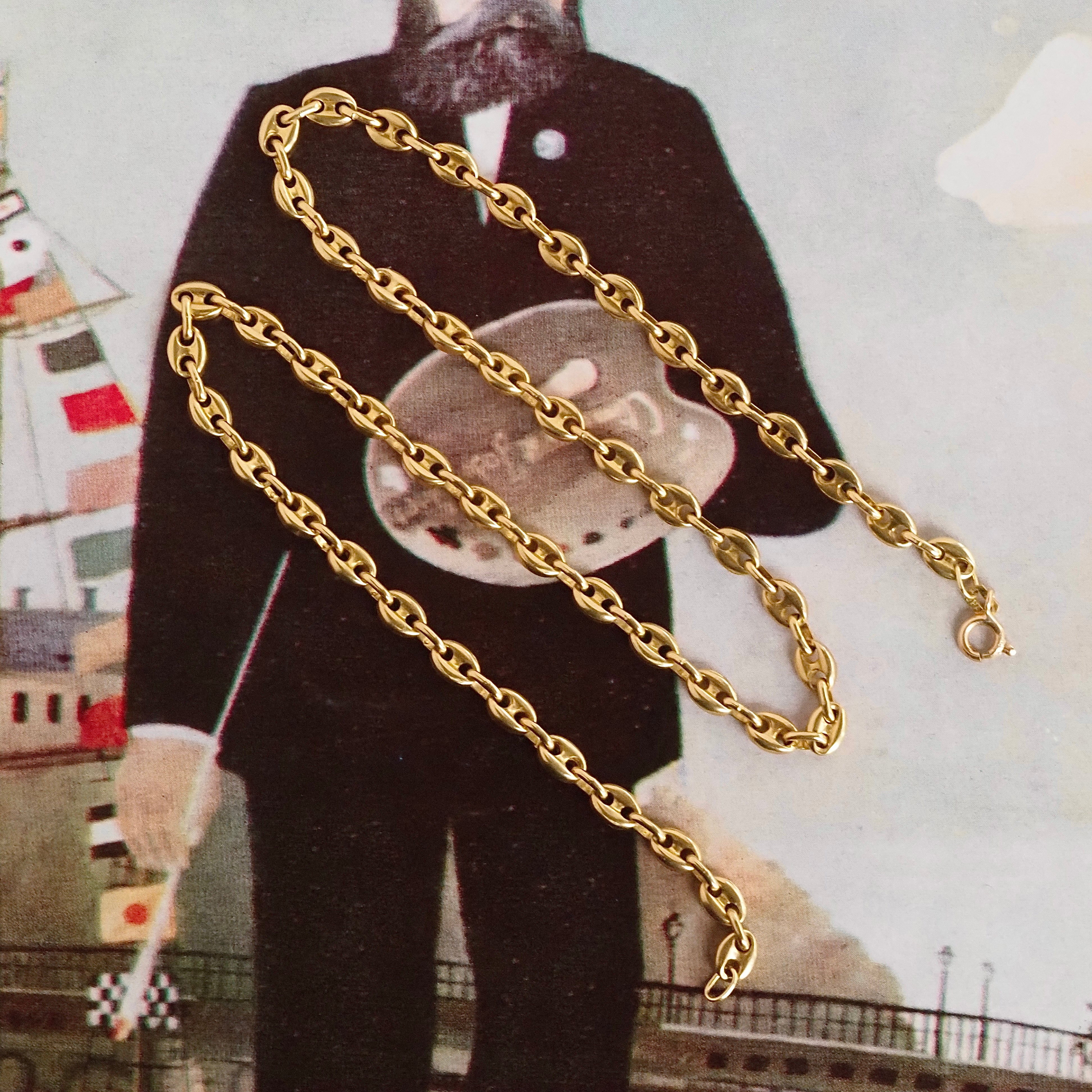 Vintage Small Puffy Mariner Solid Link 18k Gold Chain 18" Necklace