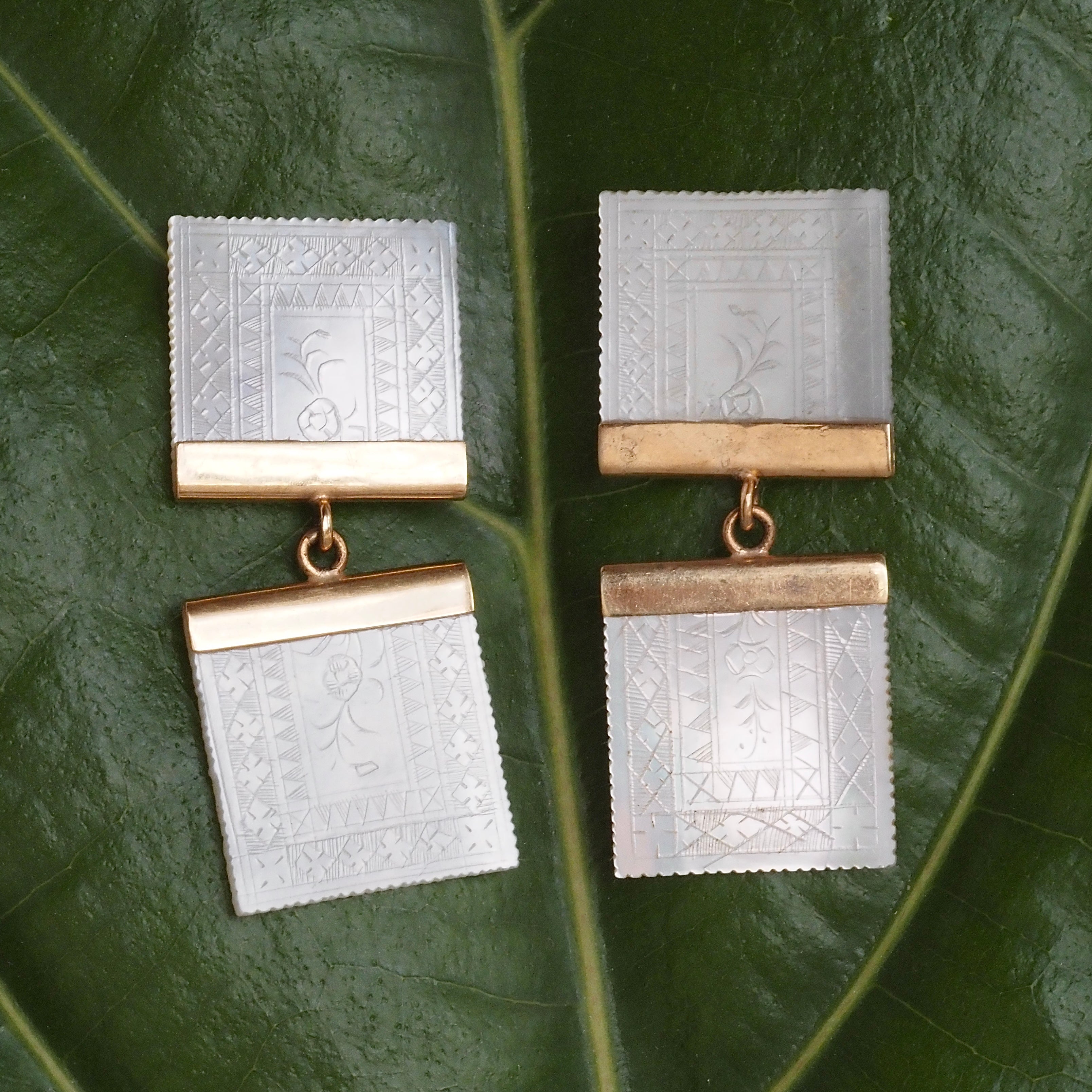 Antique Chinese Mother of Pearl Gambling Chip 14k Gold Earrings