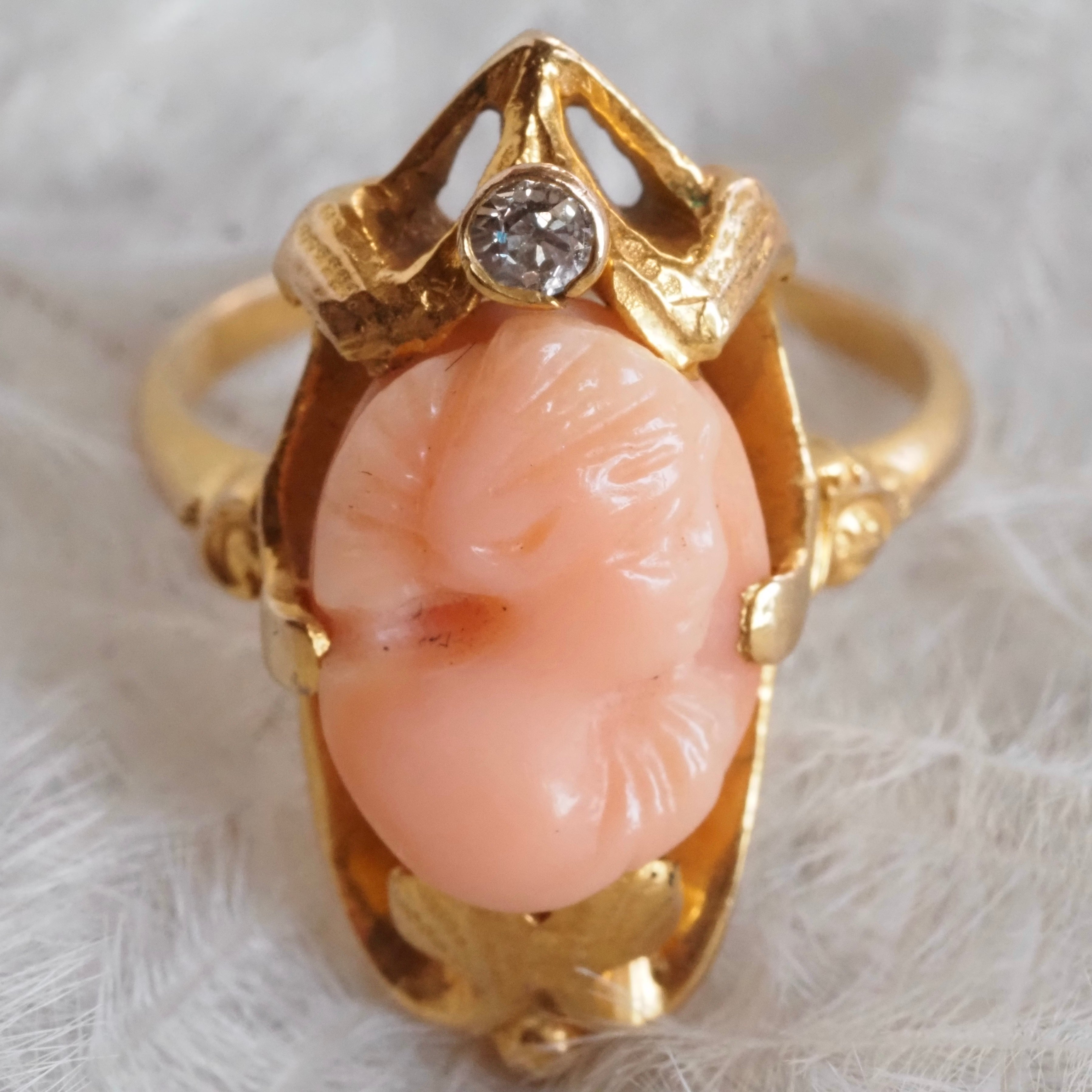 Antique Art Nouveau Bloomed 14k Gold Coral Cameo and Diamond Ring