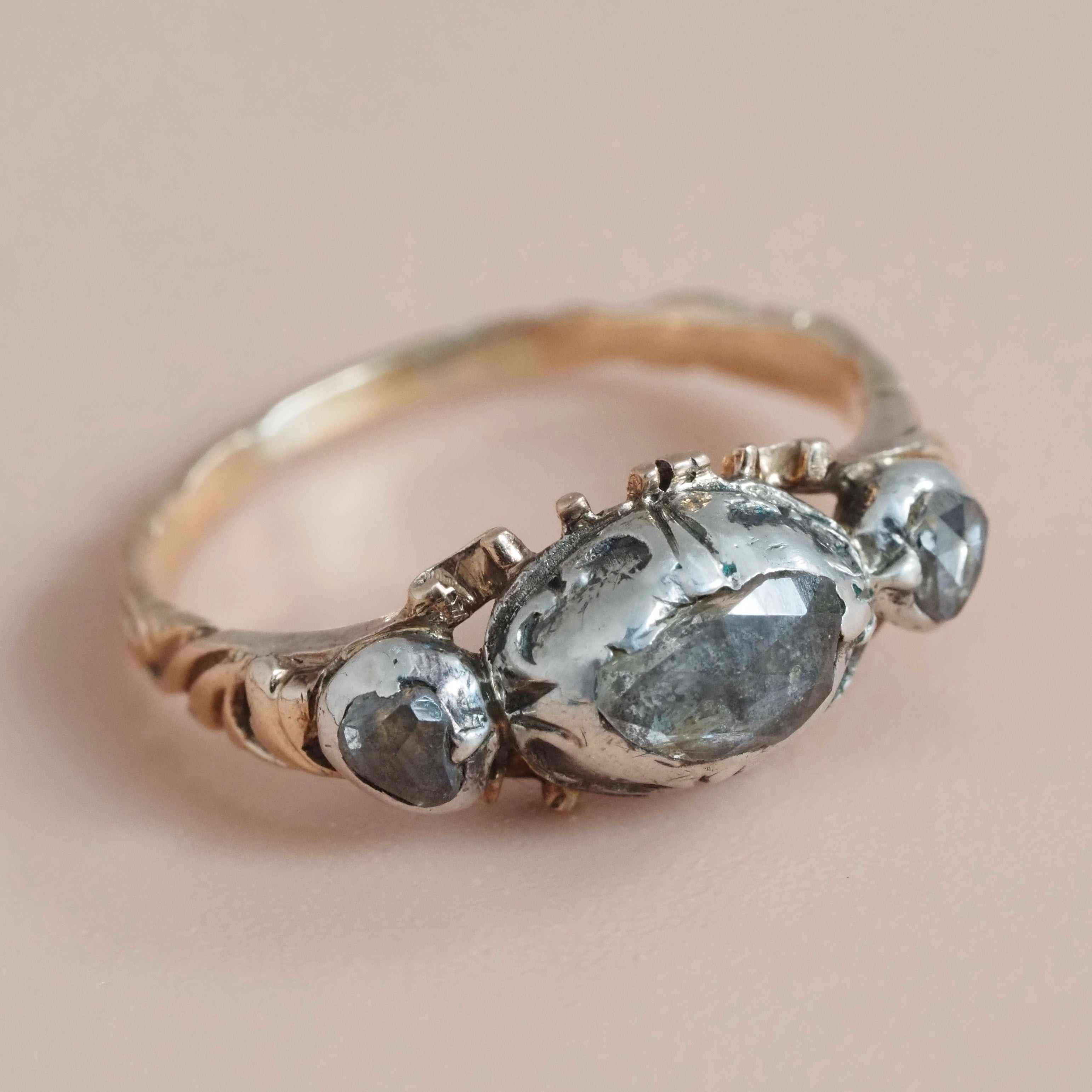 Antique Mid 18th Century Georgian Foil Back Rose Cut Diamond 14k Gold and Sterling Silver Trilogy Ring