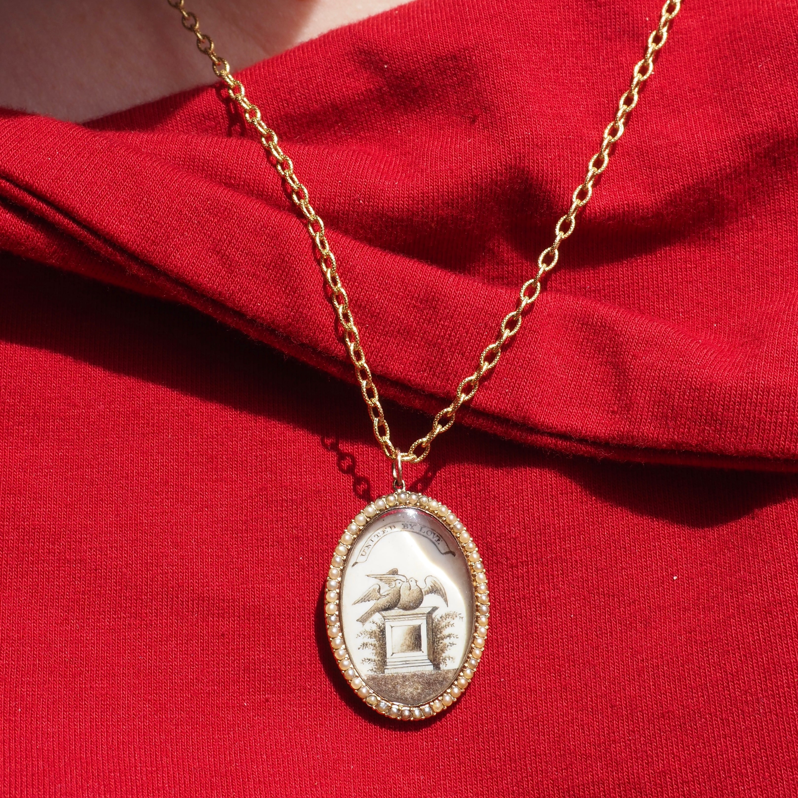 Antique Georgian/Early Victorian Doves "United by Love" Mourning Locket with Seed Pearls and 18k Gold