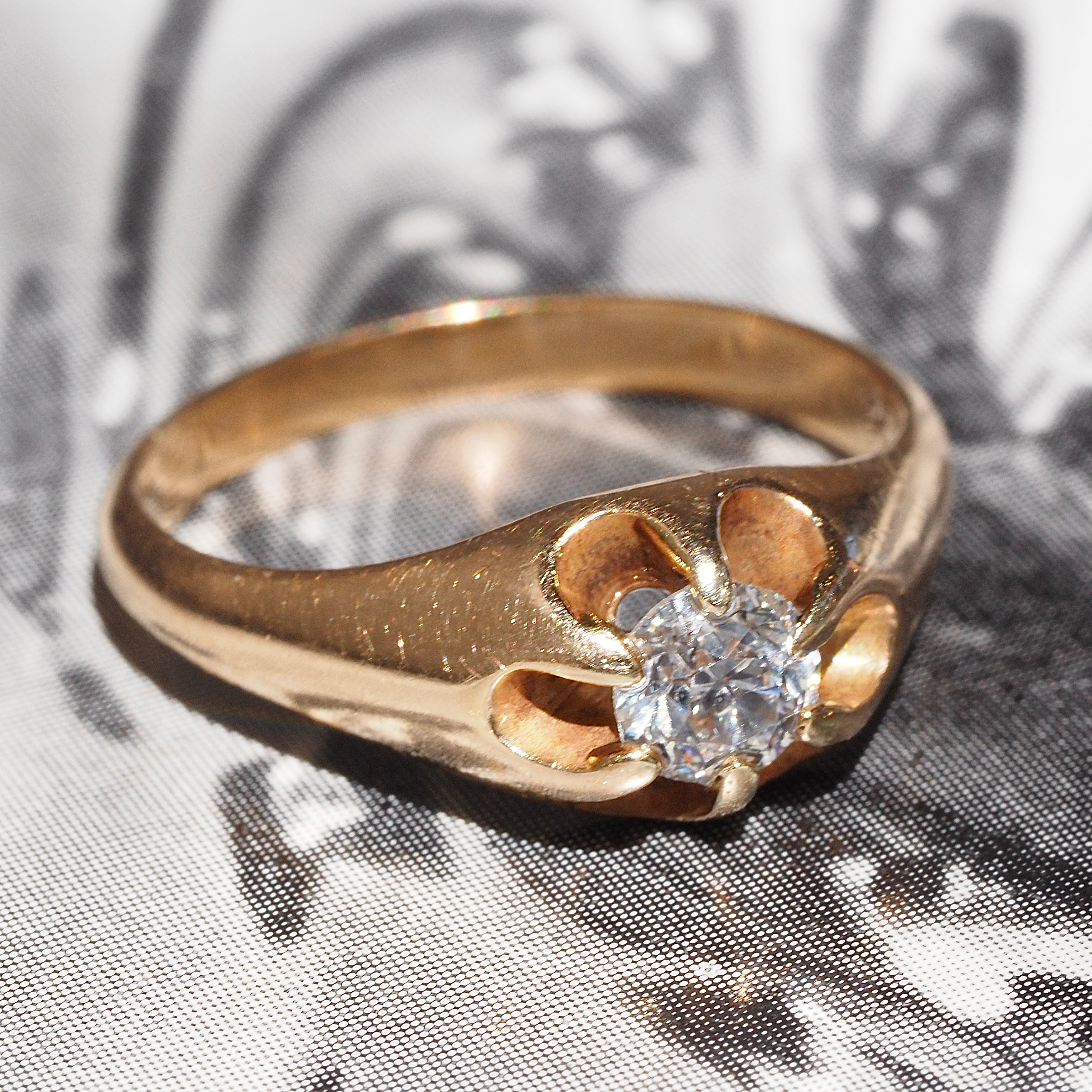 Antique Old Mine Cut Diamond Belcher Set 14k Gold Engagement Ring