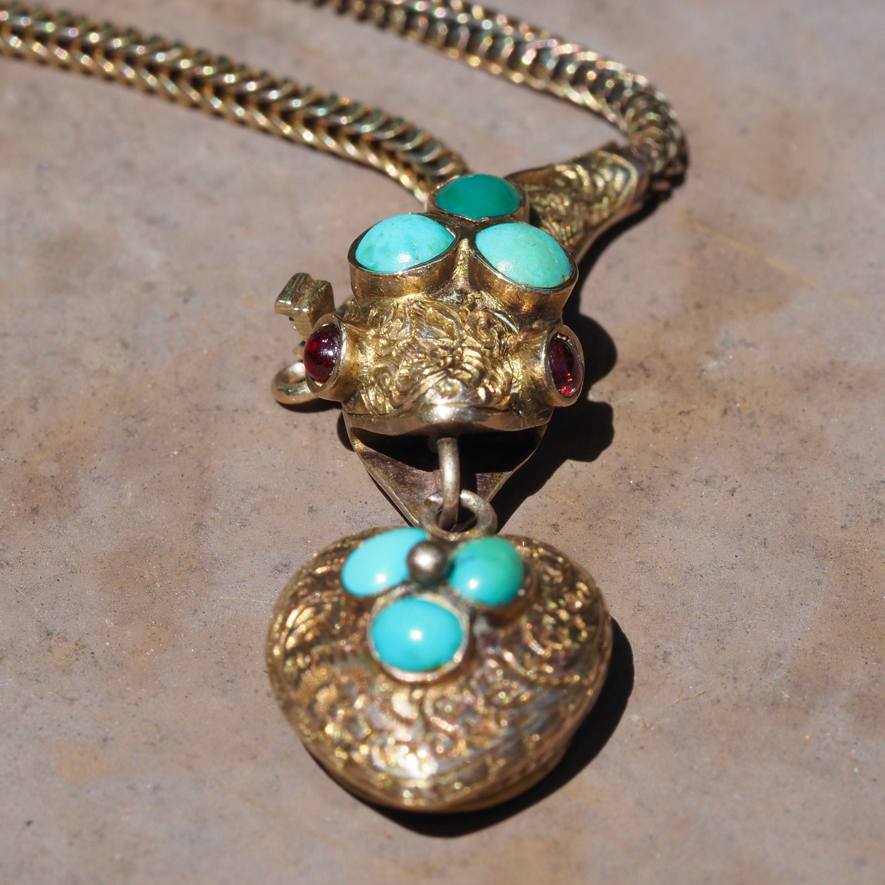 Antique Victorian 9k Gold Turquoise and Garnet Snake Locket Necklace