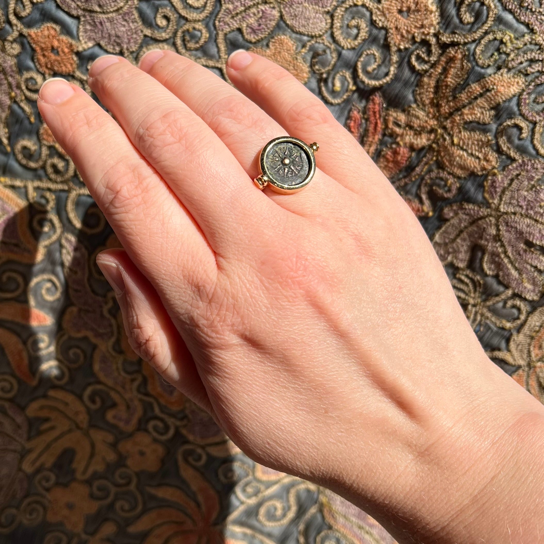 Ancient Roman Widow's Mite Coin Set in Vintage 14k Gold Flip Ring