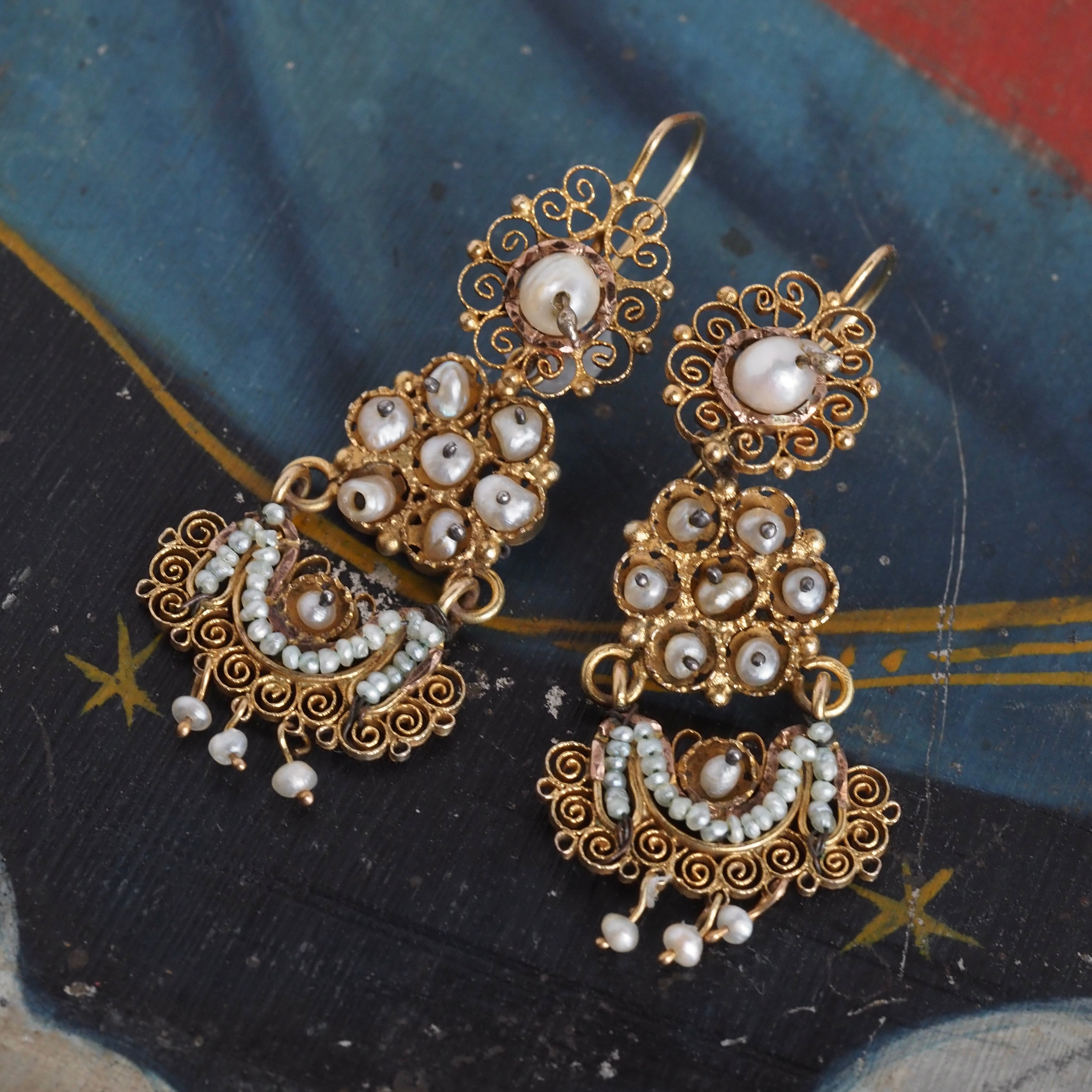 Antique Oaxacan Seed Pearl Gold Earrings