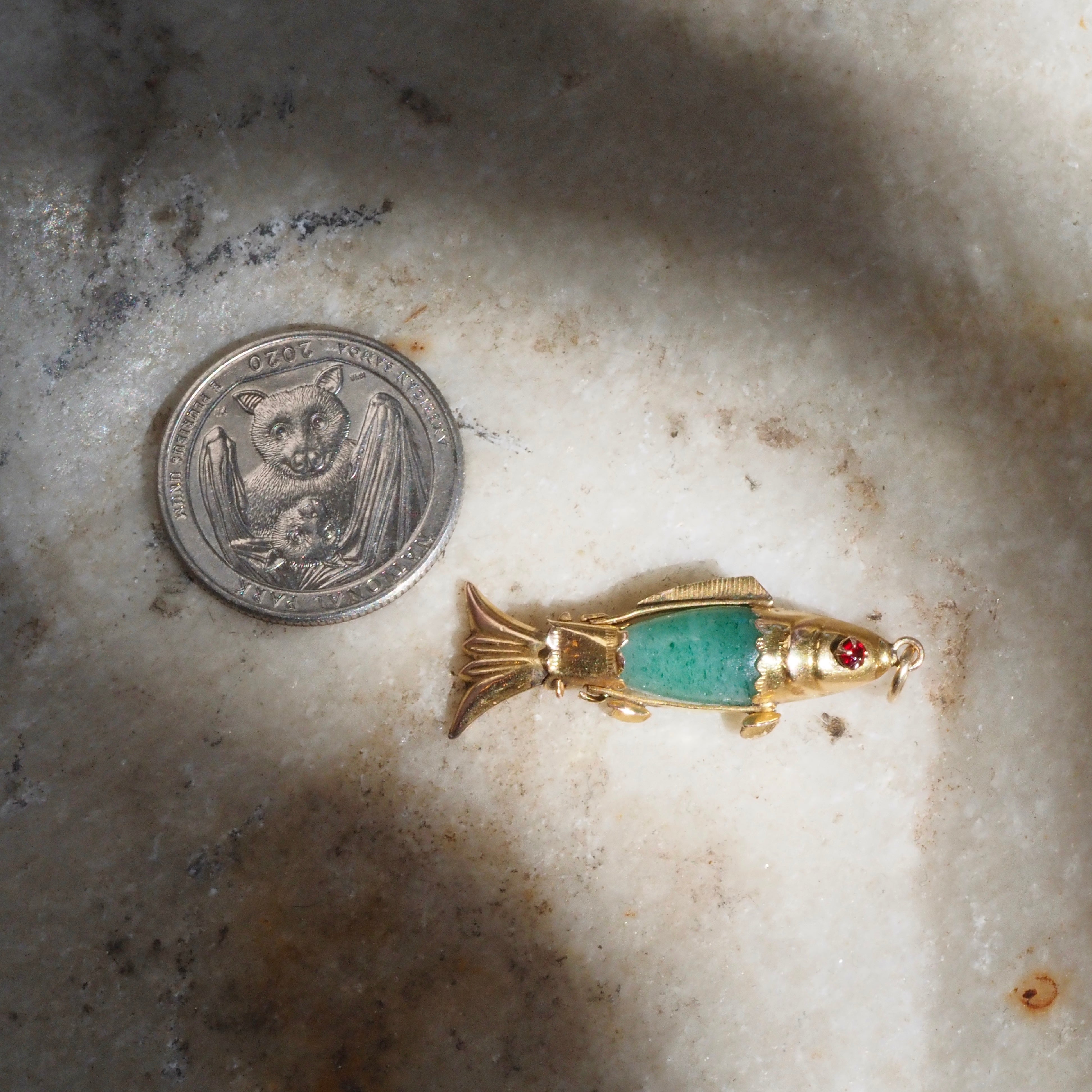Vintage Jade Ruby Paste 14k Gold Articulated Fish Pendant