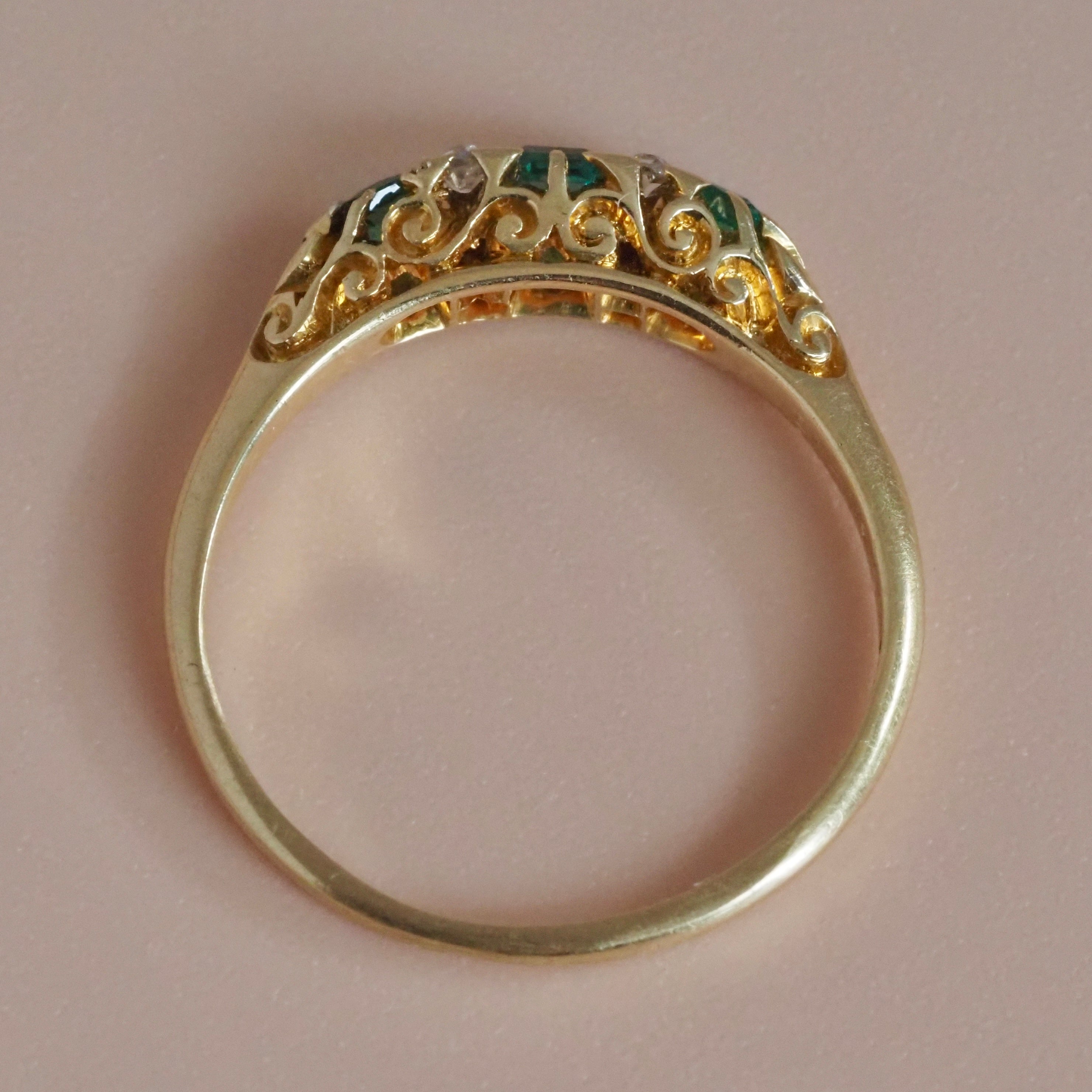 Antique Edwardian 18k Gold Emerald and Old Mine Cut Diamond Scroll Ring