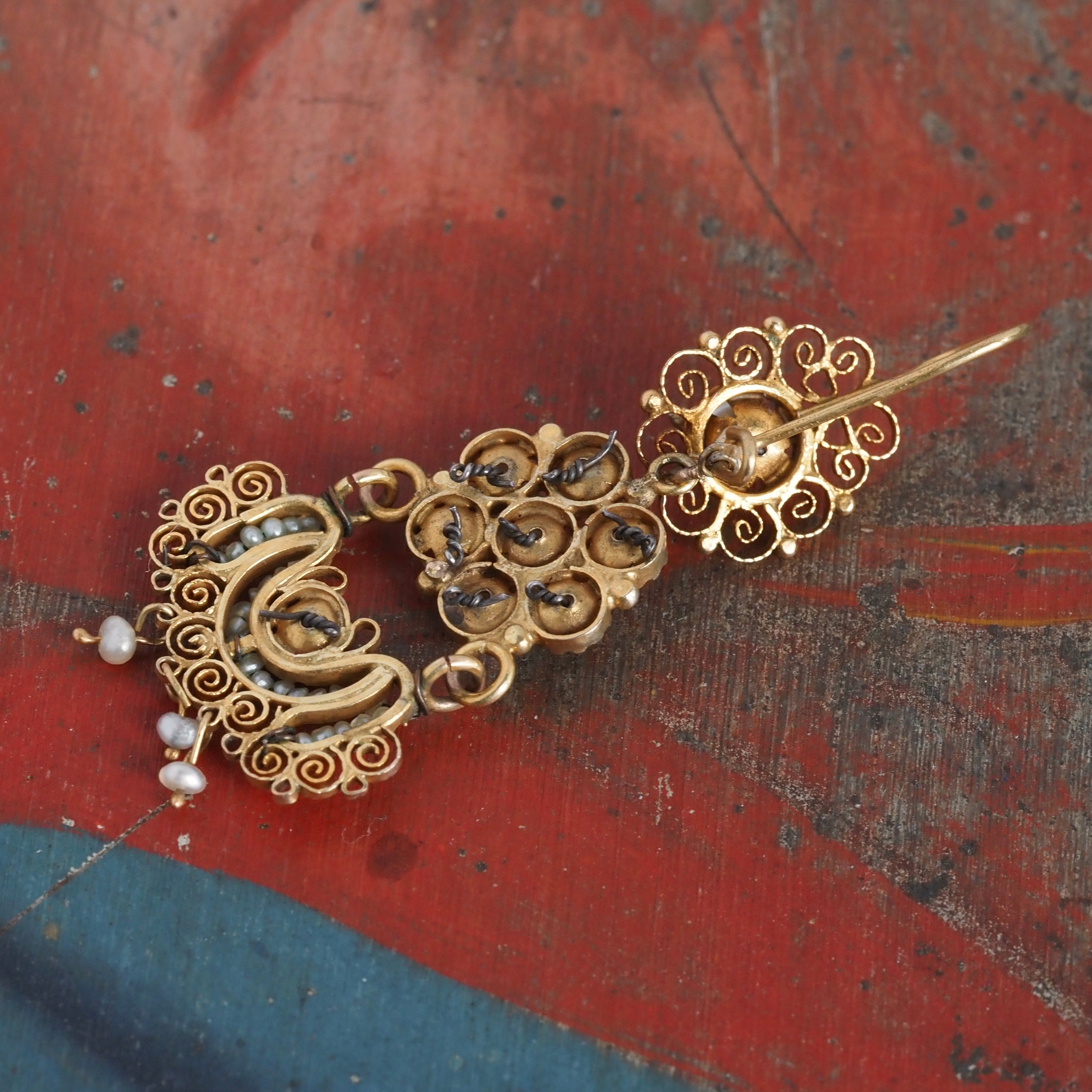 Antique Oaxacan Seed Pearl Gold Earrings