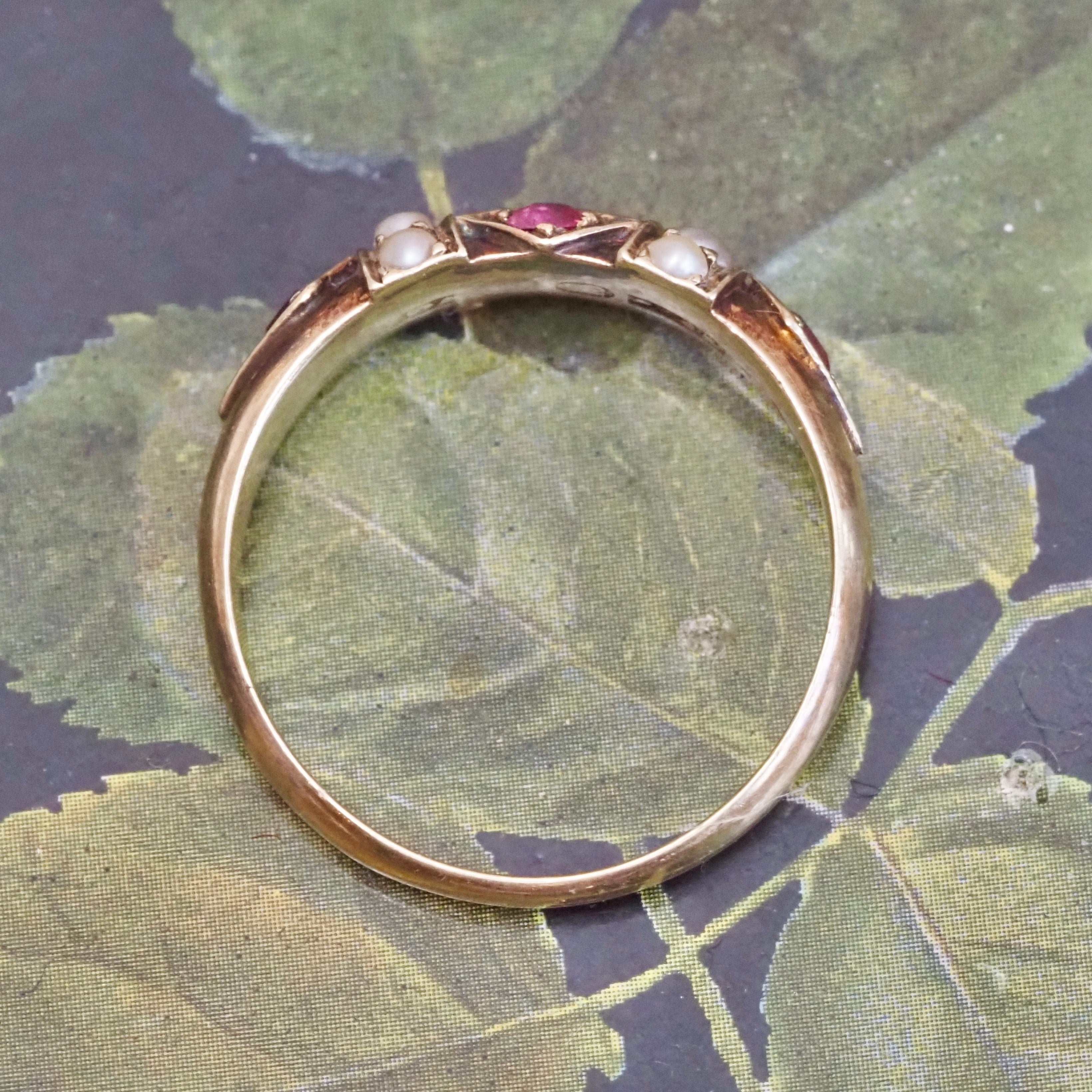 Antique Victorian English Ruby and Seed Pearl 15k Gold Ring