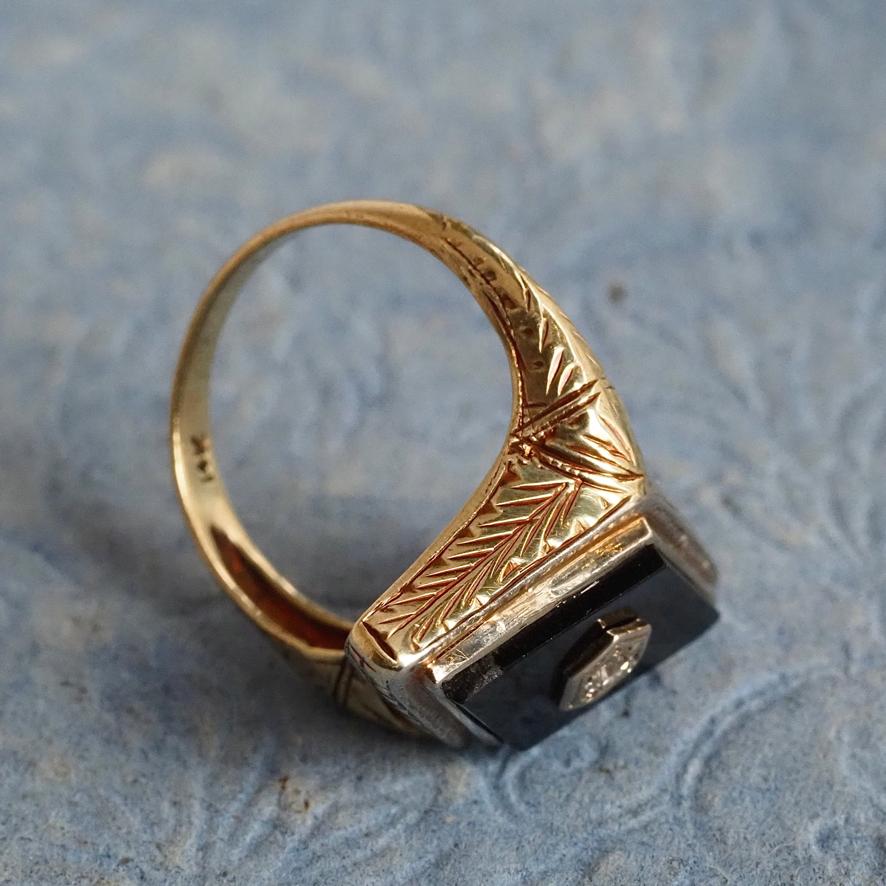 Art Deco Onyx Diamond 14k White Gold Ring