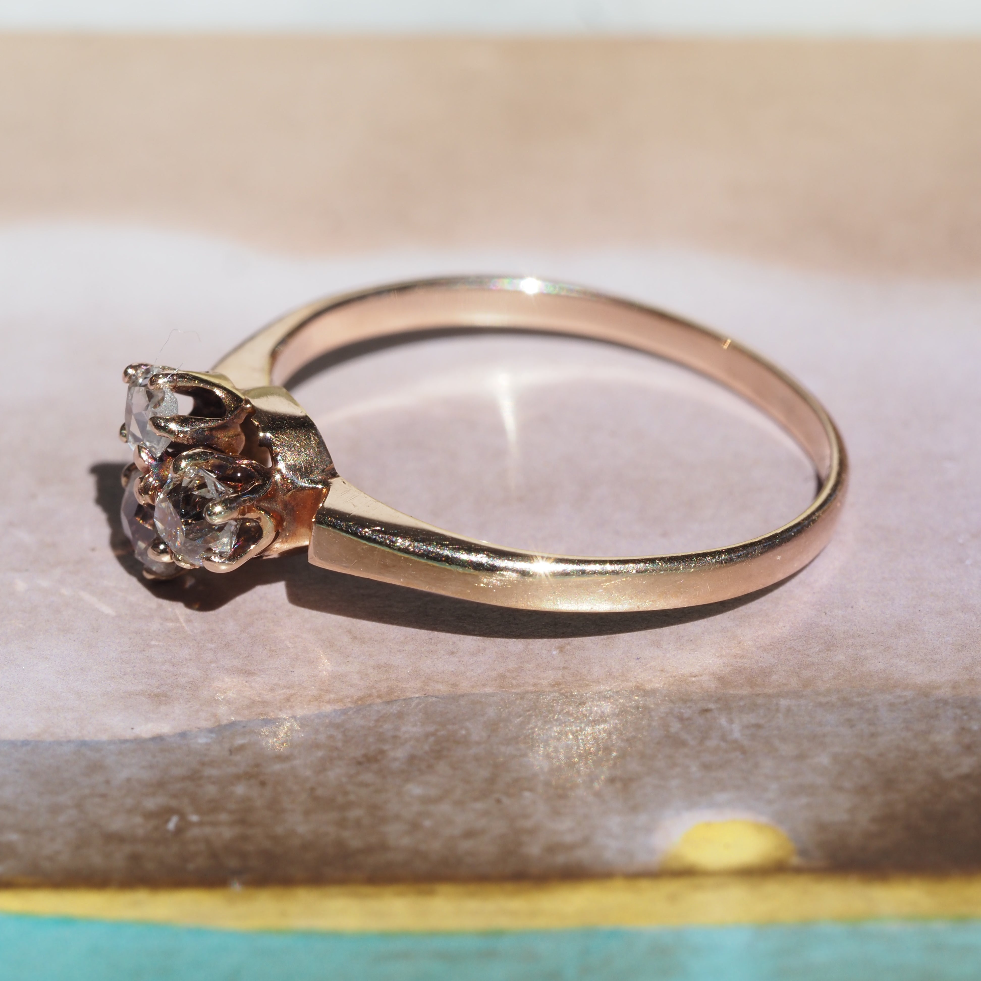 Antique Victorian Old Mine Cut and Rose Cut Diamond Trio 10K Ring