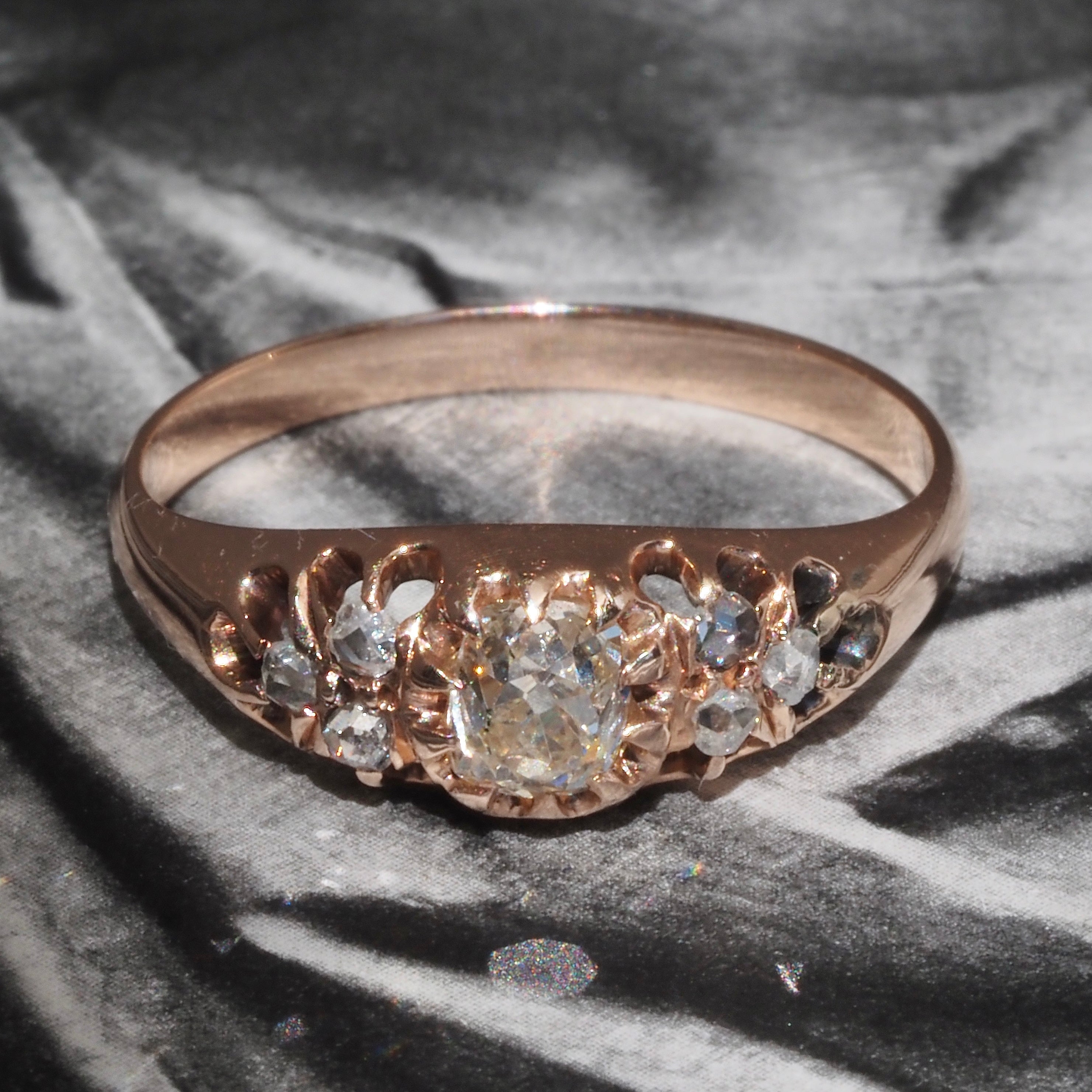 Antique Victorian Old Mine Cut and Rose Cut Diamond 10k Gold Engagement Ring